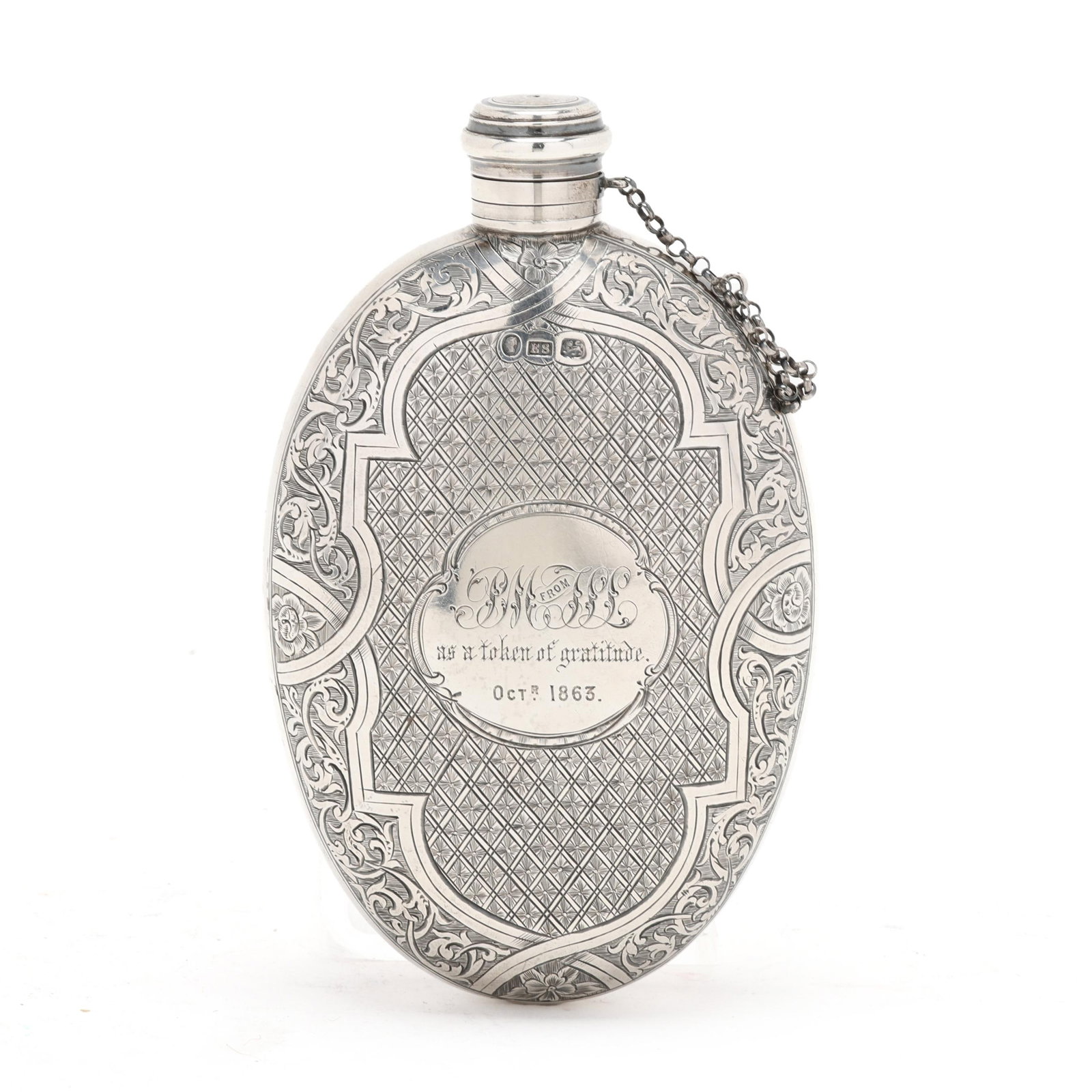 Victorian Silver Pocket Flask Bottle, Mark of Edward Smith: Victorian Silver Pocket Flask Bottle, Mark of Edward Smith Birmingham (1862), ovoid and slightly rounded form, featuring allover period stylized engraved decoration, monogrammed "PM from HL / as a tok