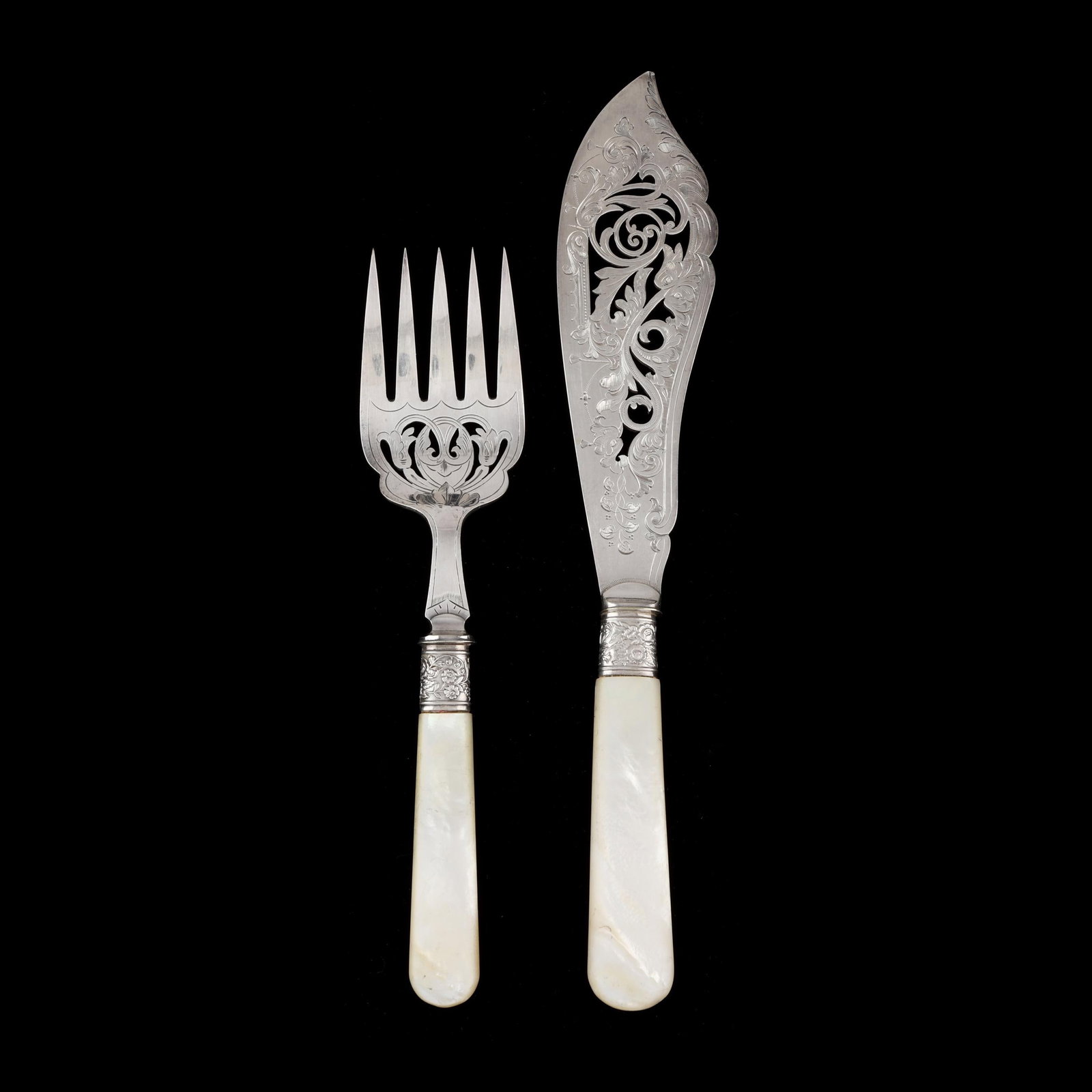 Mother of Pearl Handled Silver-Plated Fish Set: Mother of Pearl Handled Silver-Plated Fish Set late 19th century, likely English, with reticulation to the blade and tines, not monogrammed. The knife 12 in. Additional high-resolution photos are avai