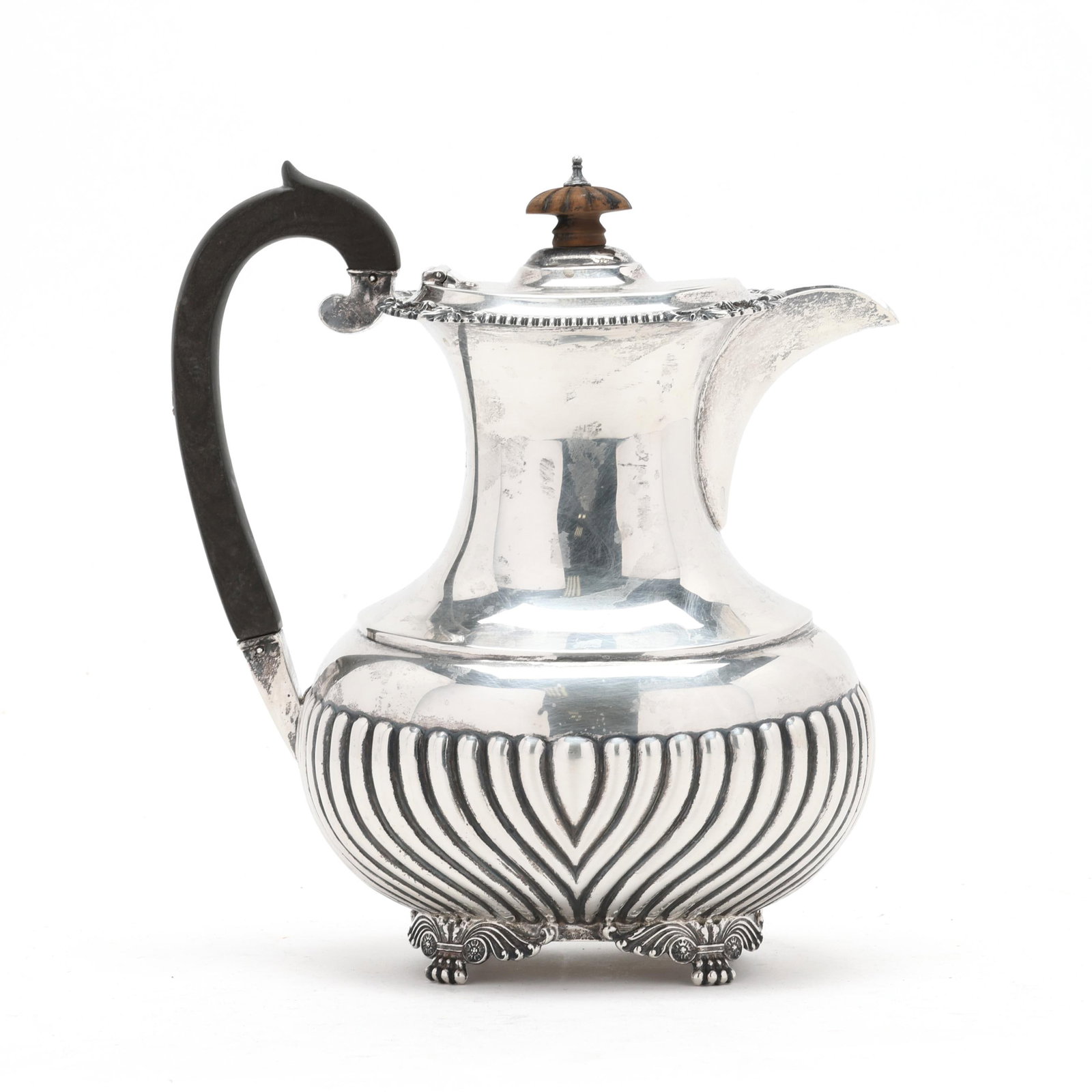 Edwardian Silver Coffee Pot, Mark of Edward Barnard & Sons Ltd: Edwardian Silver Coffee Pot, Mark of Edward Barnard & Sons Ltd London (1905), a neoclassical form with fluting to the body, acanthus and gadrooning to the rim, and carved wood mounts; over Ionic paw f