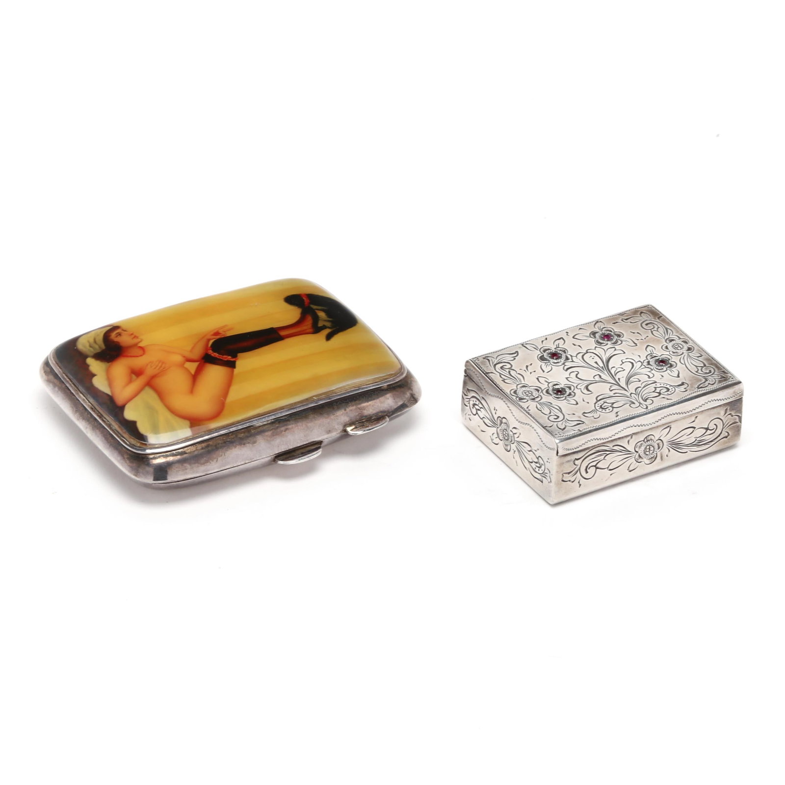 Two Vintage Continental Silver Compacts, Erotic and Jeweled (1 of 11)