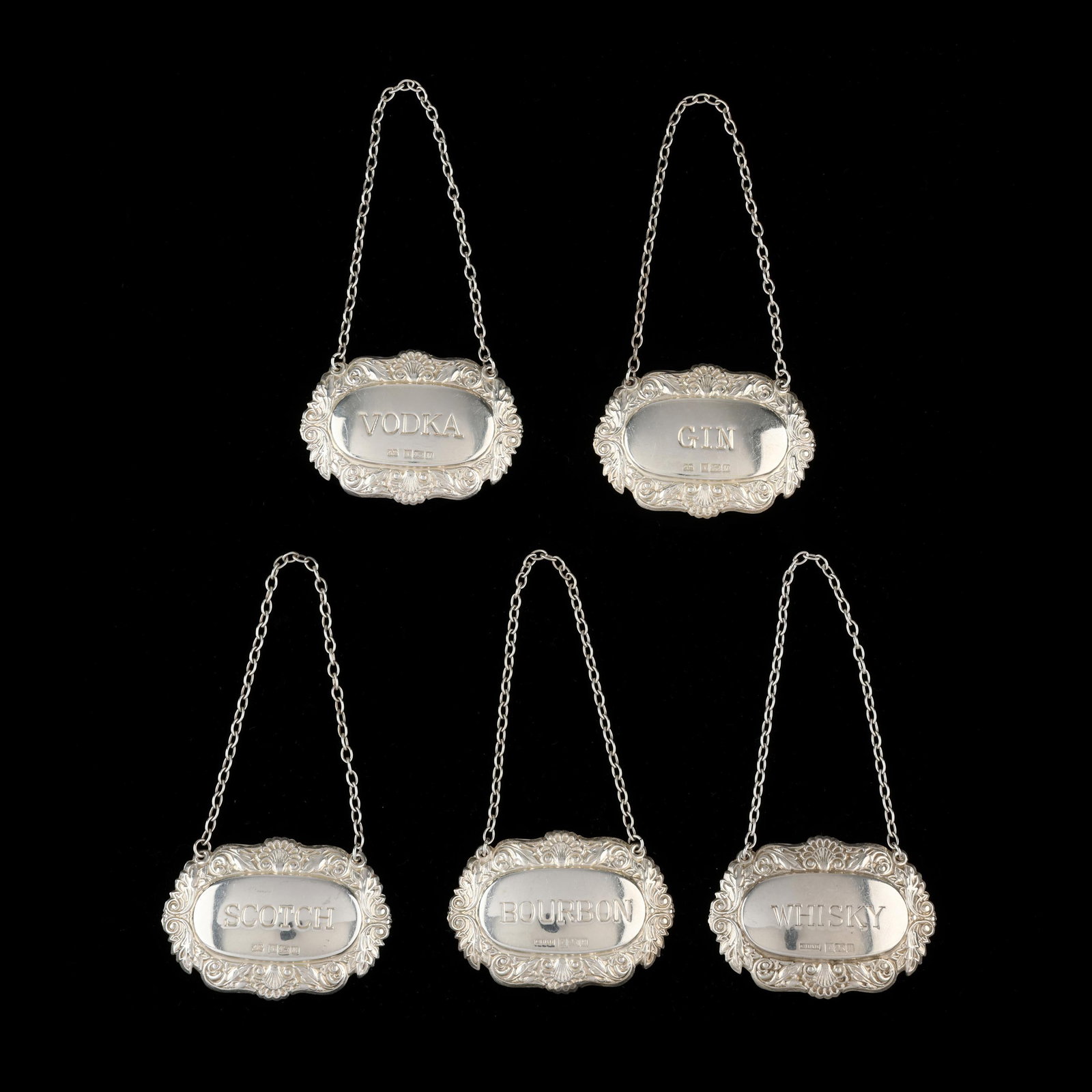 Five Elizabeth II Silver Decanter Tags, Mark of Alan M Weisrose (1 of 3)