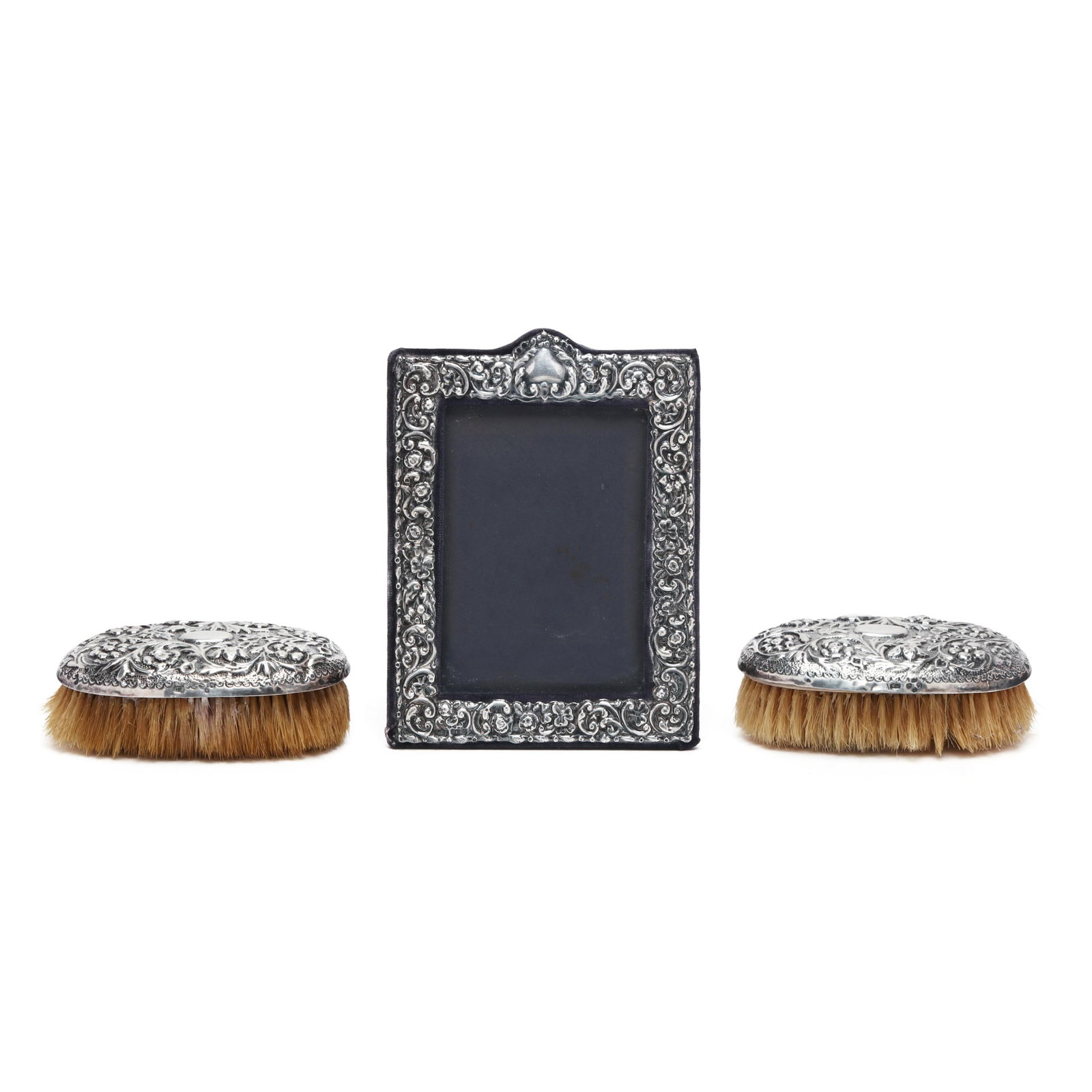 Pair of English Silver Repoussé Military Brushes and Picture Frame (1 of 9)