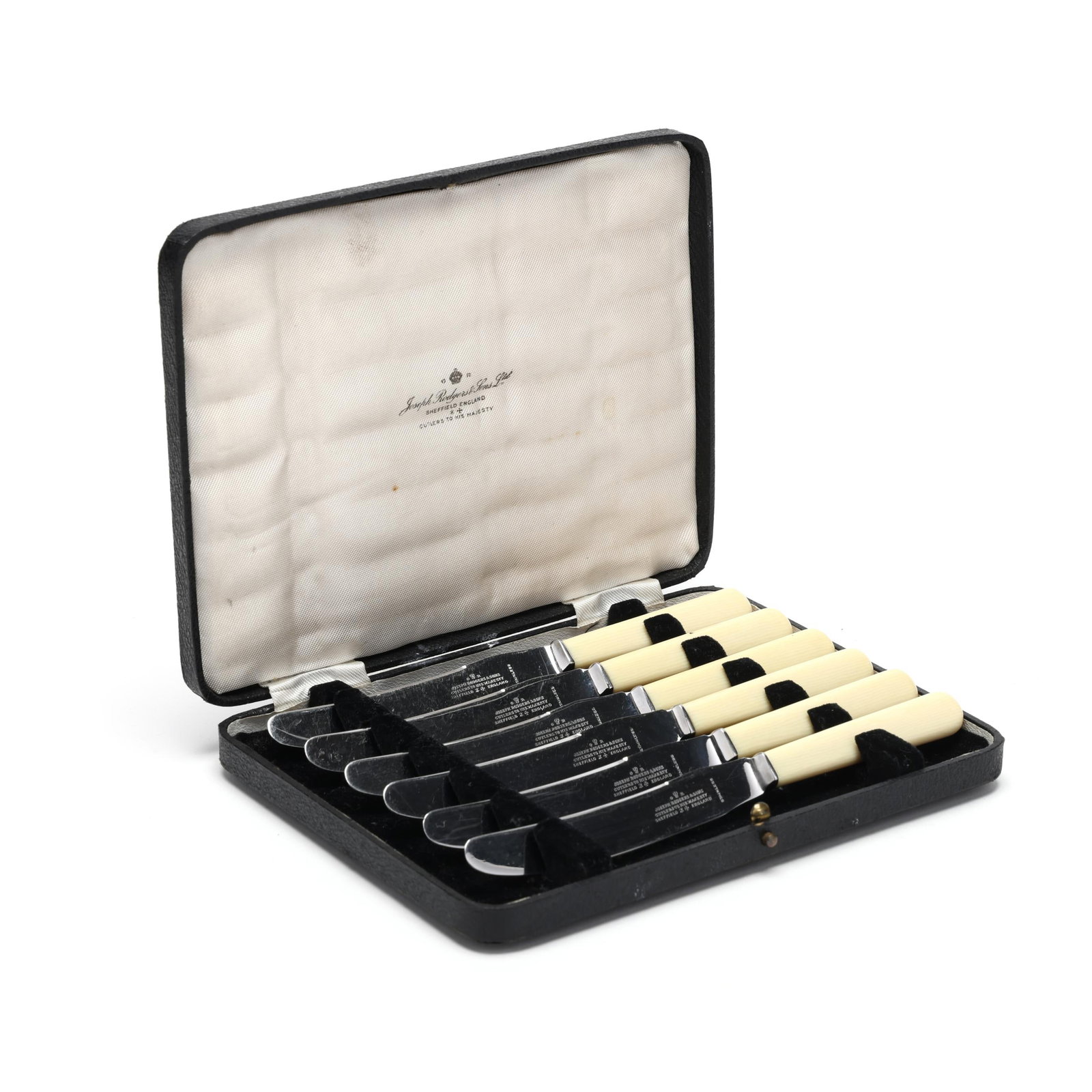 Cased Set of Six English Luncheon Knives, Mark of Joseph Rogers & Sons: Cased Set of Six English Luncheon Knives, Mark of Joseph Rogers & Sons Sheffield, early 20th century, with bone handles and stainless steel blades, presented in the original fitted retail case. Case