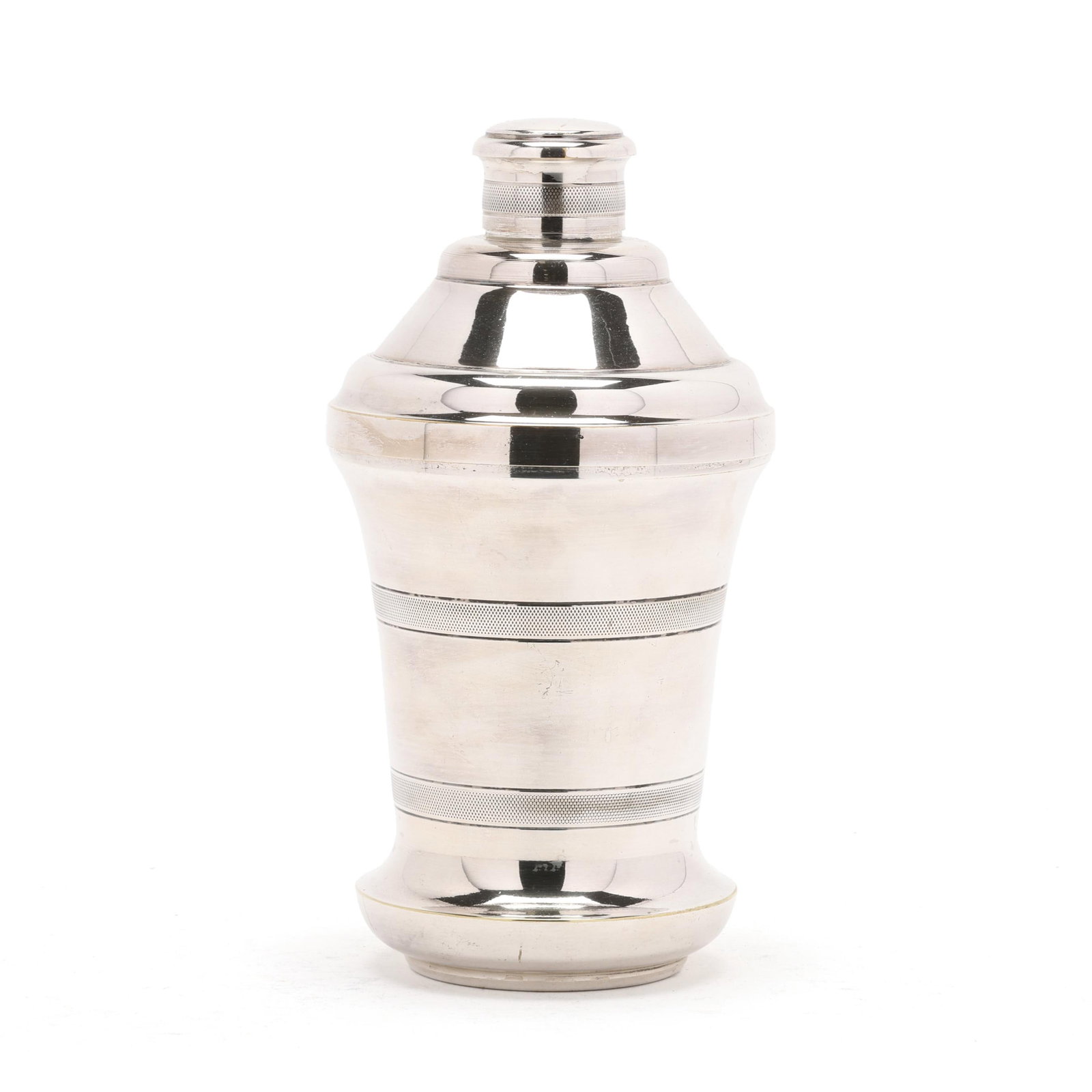 Vintage French Silver-Plated Cocktail Shaker: Vintage French Silver-Plated Cocktail Shaker mid-20th century, with a rubbed unidentified maker's mark, featuring crosshatched decoration to the cover and base, three part form with a cover and