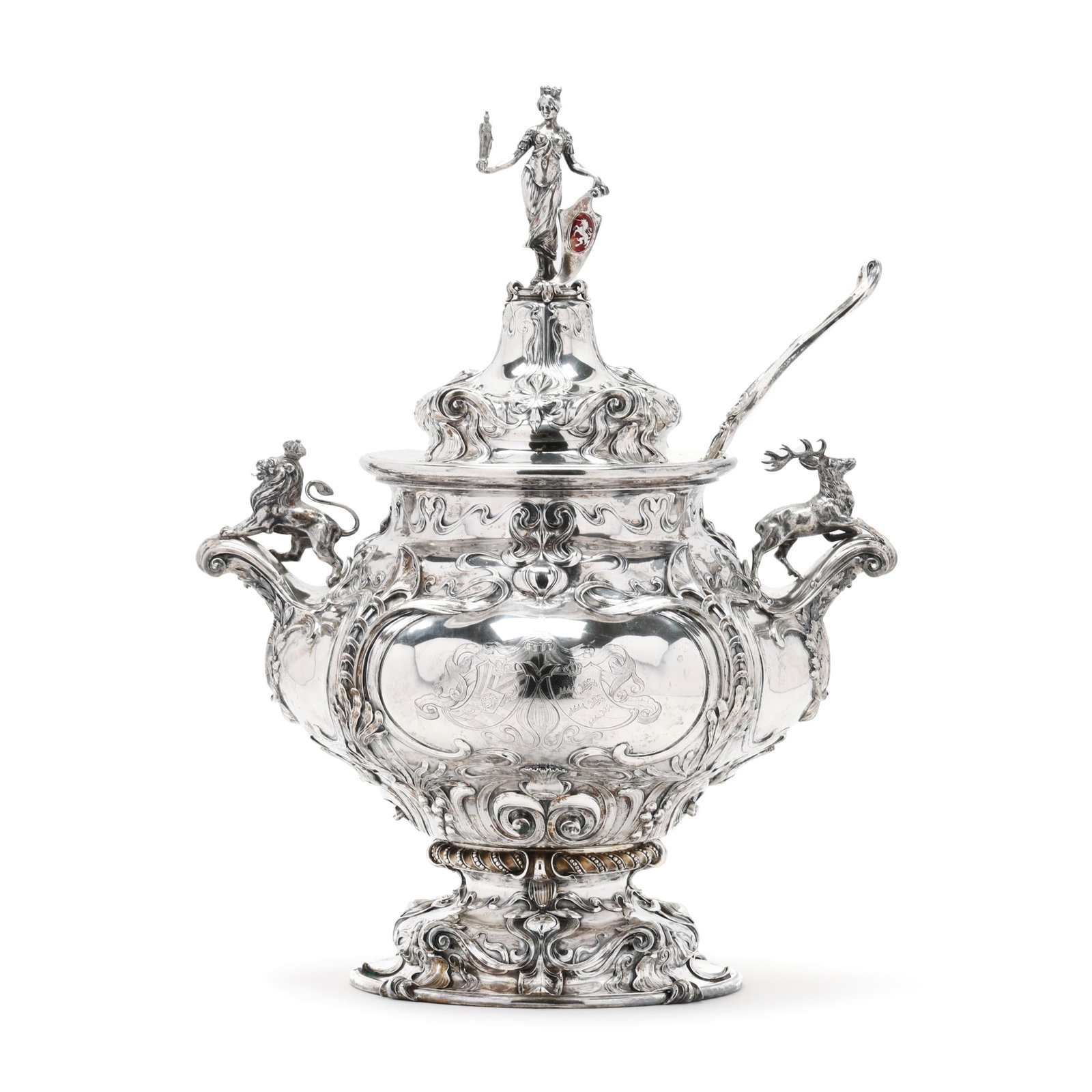 German Silver Presentation Soup Tureen and Ladle, Honoring the Marriage of Princess Pauline von: German Silver Presentation Soup Tureen and Ladle, Honoring the Marriage of Princess Pauline von Württemberg bearing the mark of Wilhelm Binder, Schwäbisch Gmünd, Germany, .800 silver, dated 1898,