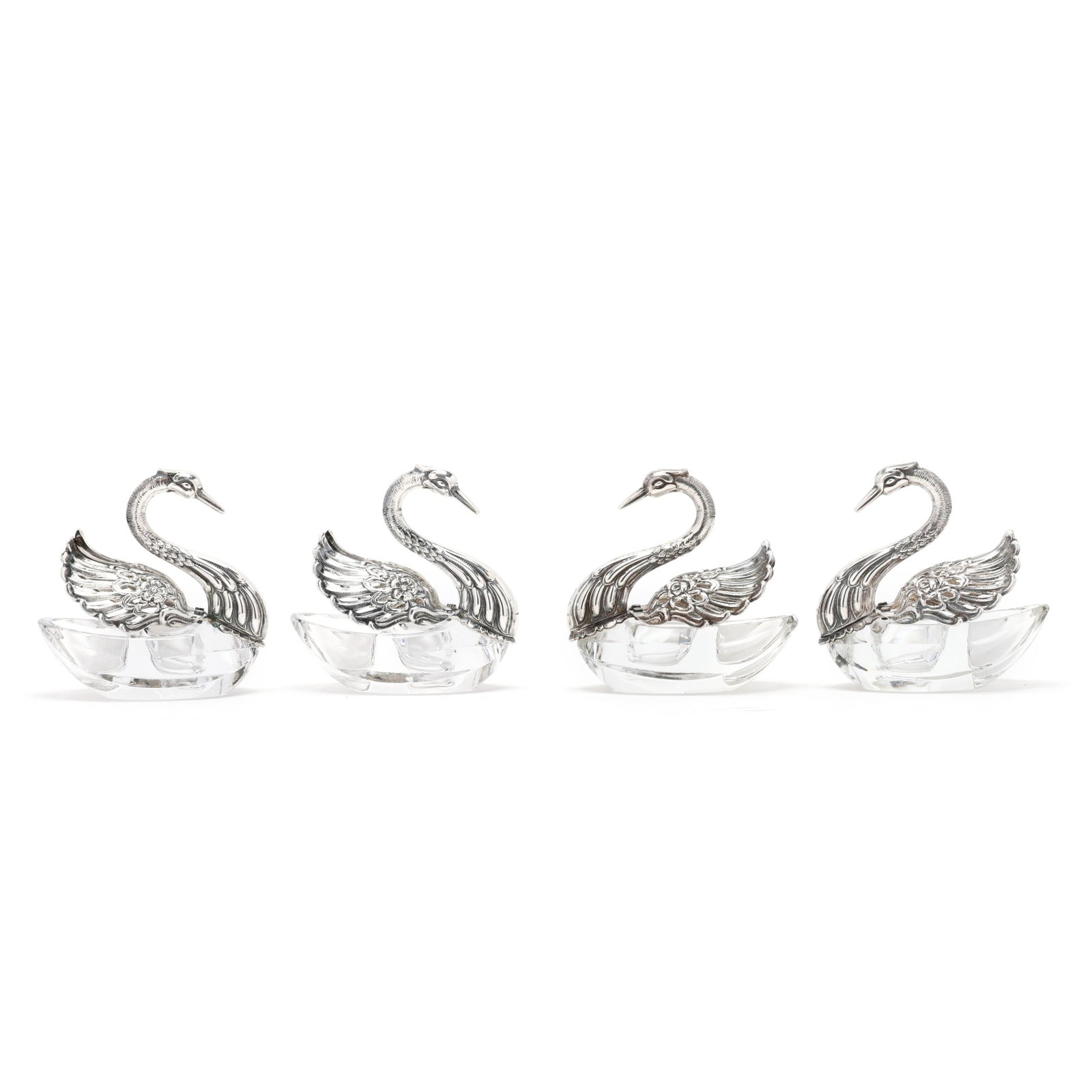 Set of Four Sterling Silver And Crystal Swan Salt Cellars: Set of Four Sterling Silver And Crystal Swan Salt Cellars made in Germany, mid-20th century, not monogrammed. Each 3 x 3 x 1 3/4 in. Private Collection of Martha Herlihy, Raleigh, North Carolina Addit