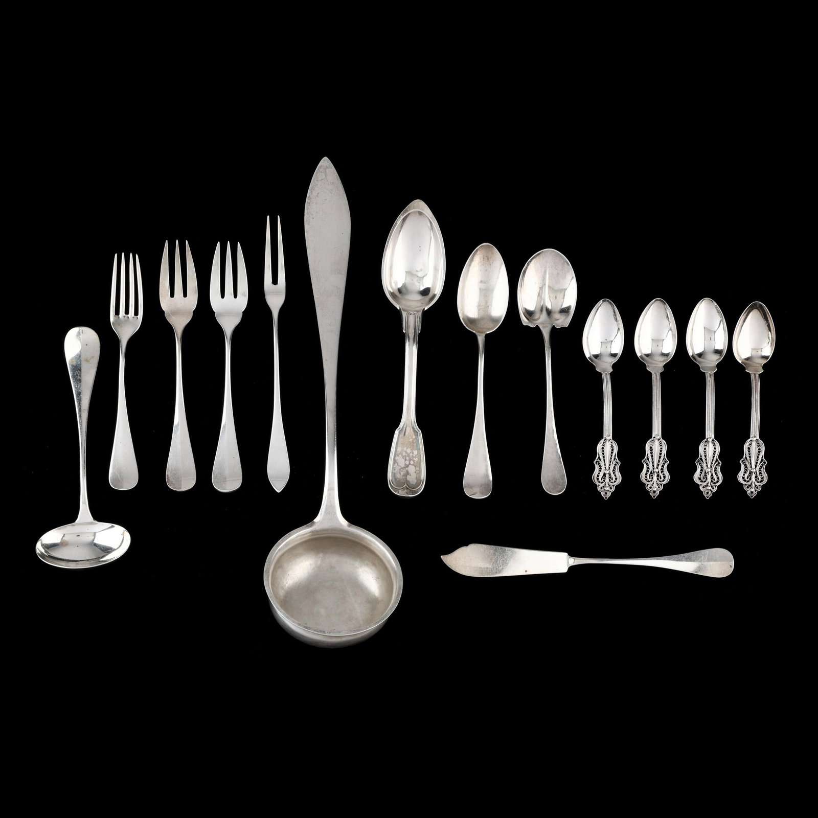 Collection of Continental Silver Flatware: Collection of Continental Silver Flatware (14) pieces, all marked, including: a French silver spoon with hallmark of Poinçon Au Vieillard or Poinçon Michel-Ange, 1st title, Paris, 1819-1838, also wi