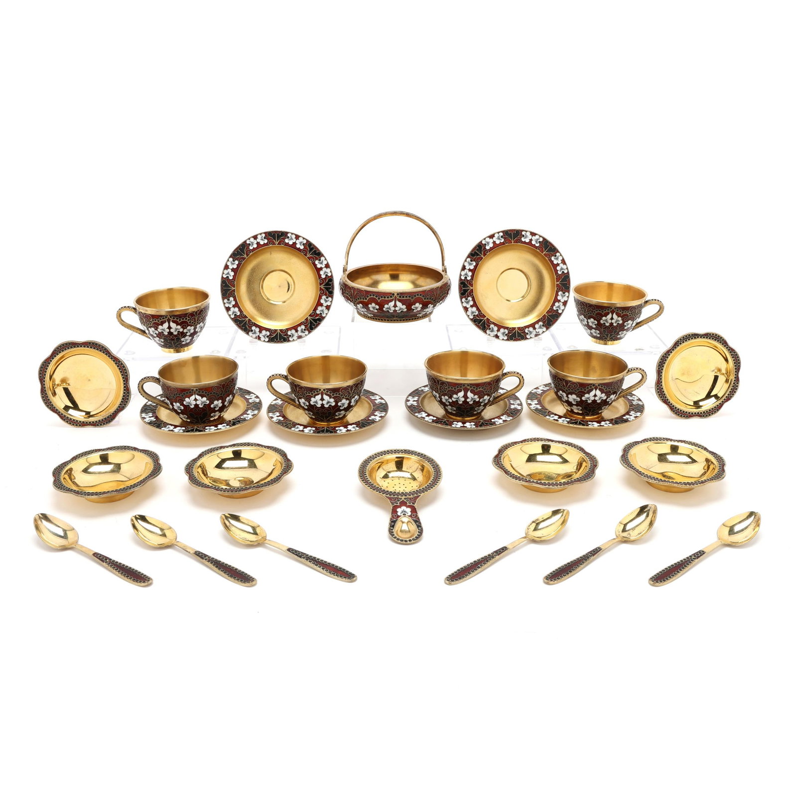 (26) Piece Russian Gilt and Enameled Silver Demitasse Service for Six: (26) Piece Russian Gilt and Enameled Silver Demitasse Service for Six Moscow, Soviet period circa 1958 and after, .916 silver, mark of the 5th Artel, each with gold wash and red, white, and black
