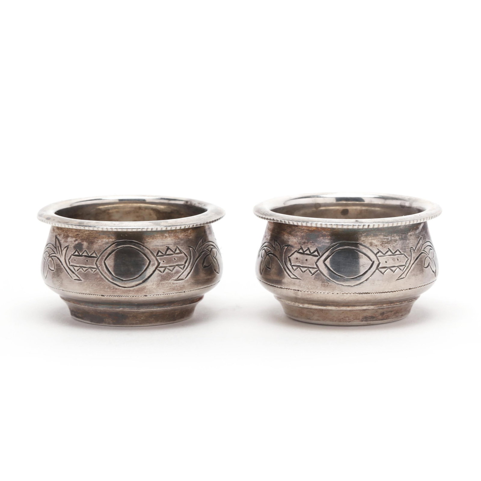 Pair of Russian Silver Salt Cellars: Pair of Russian Silver Salt Cellars Moscow, date mark of 1894, assayed by Lev Fridrikhovitch Oleks, master's mark of Henrik Blootenkleper, with a reeded rim and hand engraved decoration to the
