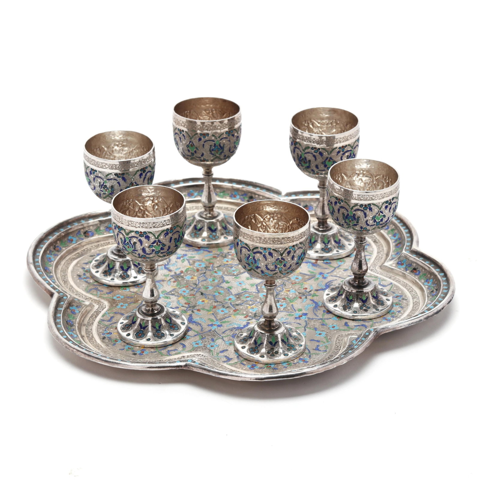 Persian Silver Cloisonné Cordial and Tray Set (1 of 9)