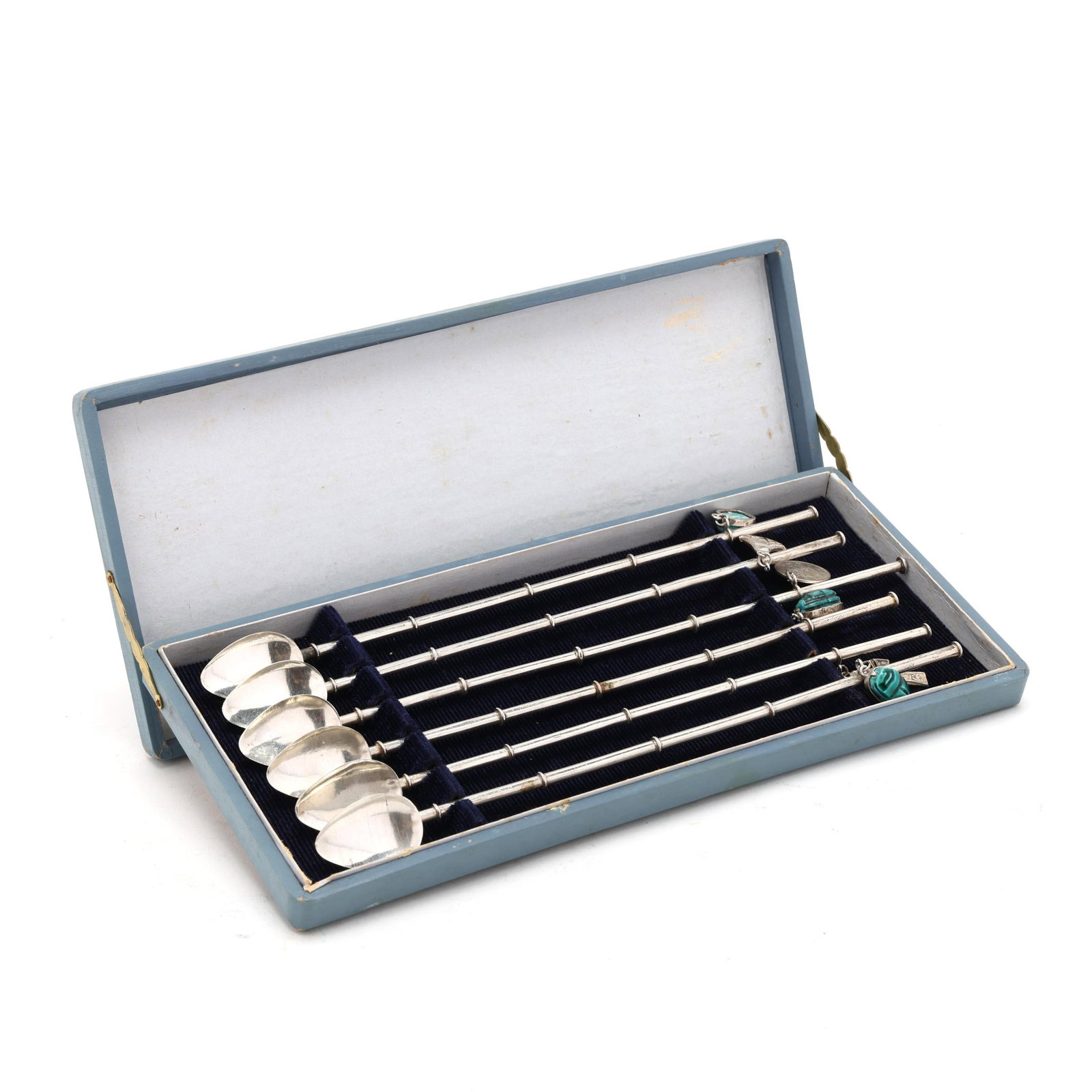 Cased Set of Six Egyptian Silver Stirring Straws: Cased Set of Six Egyptian Silver Stirring Straws .600 silver, featuring various symbols of Egypt to the shafts, not monogrammed. Each 8 3/8 in. The case 4 1/2 x 9 3/4 in. 2.35 troy oz. Private