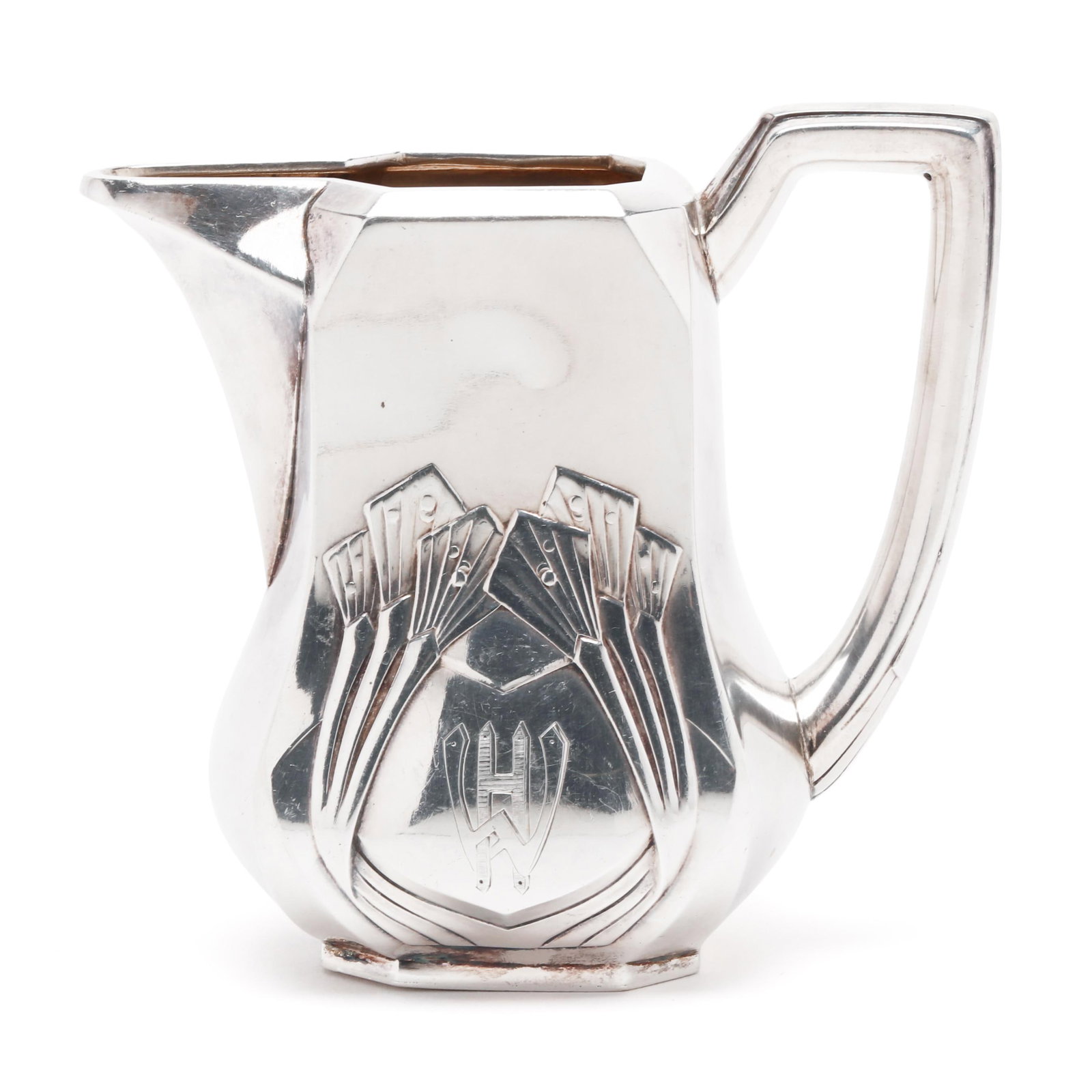 Finnish Silver Secessionist Creamer: Finnish Silver Secessionist Creamer Pori, date mark of 1905, .813 silver, maker's mark of "I.SAH" with art deco stylized design to the body and "HW" monogram. 4 1/4 x 4 3/4 x 3 in. 5.1 troy oz.