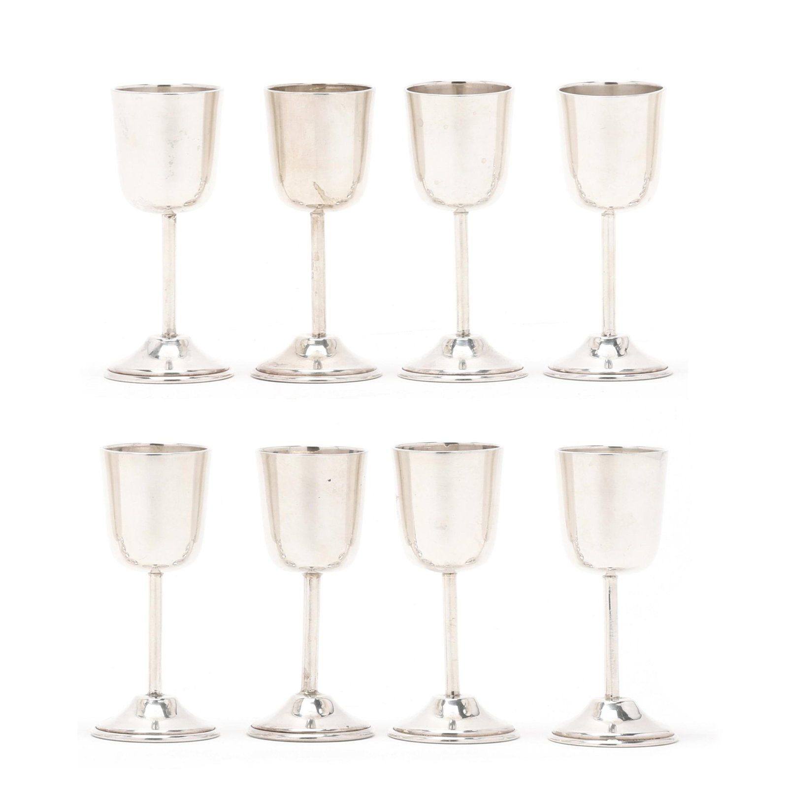 Cased Set of Eight Mexican Sterling Silver Cordials: Cased Set of Eight Mexican Sterling Silver Cordials mid-20th century, marked "925 / Sterling / Hecho En Mexico", presented in a fitted retail case, not monogrammed. Each 3 1/2 in.; Case dimensions 2
