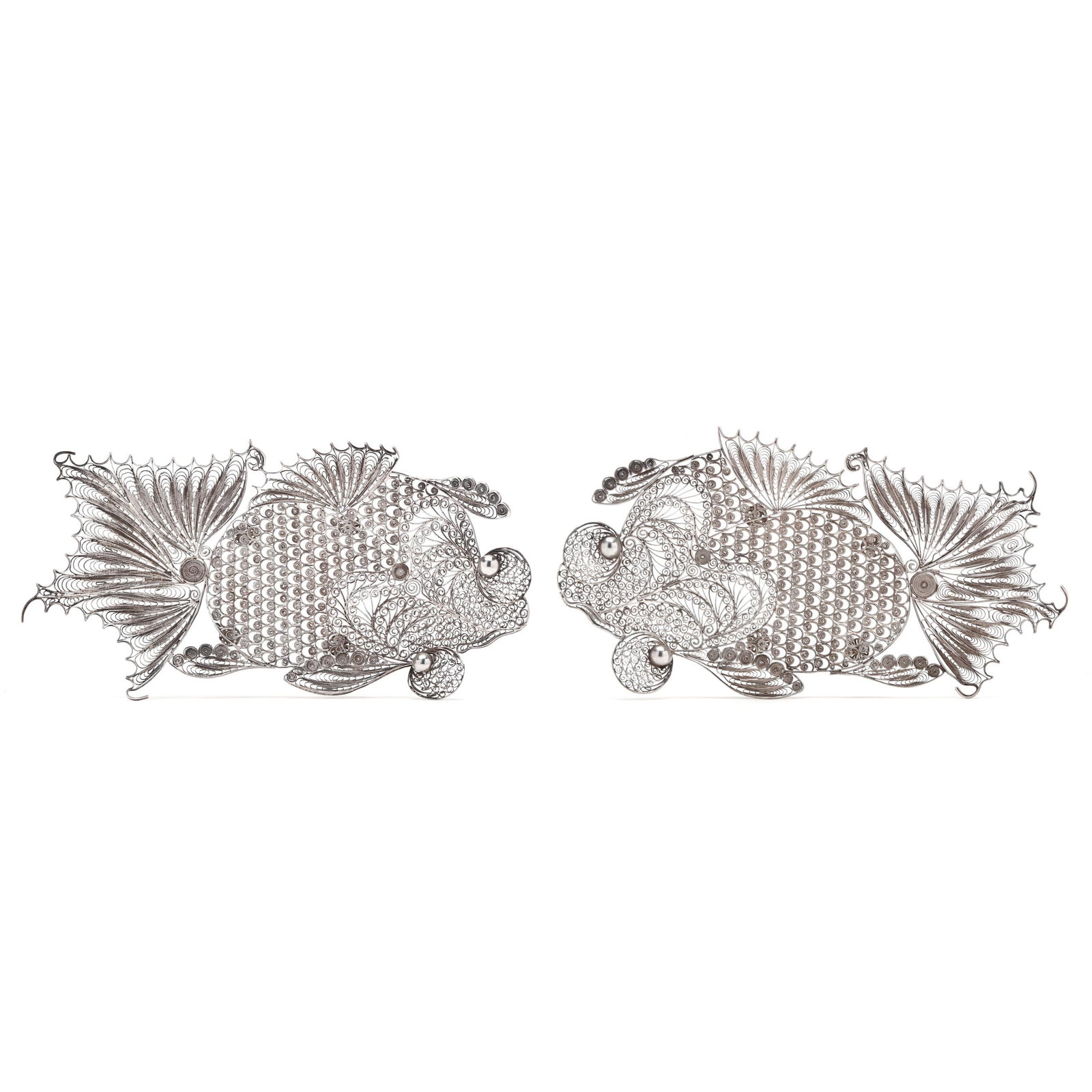 Pair of Silver Filigree Fish Dishes: Pair of Silver Filigree Fish Dishes marked "Silver", mid-20th century, raised on openwork ball feet; not monogrammed, XRF tests sterling silver content. Each 9 1/2 x 5 1/4 in. 8.2 troy oz. Additional