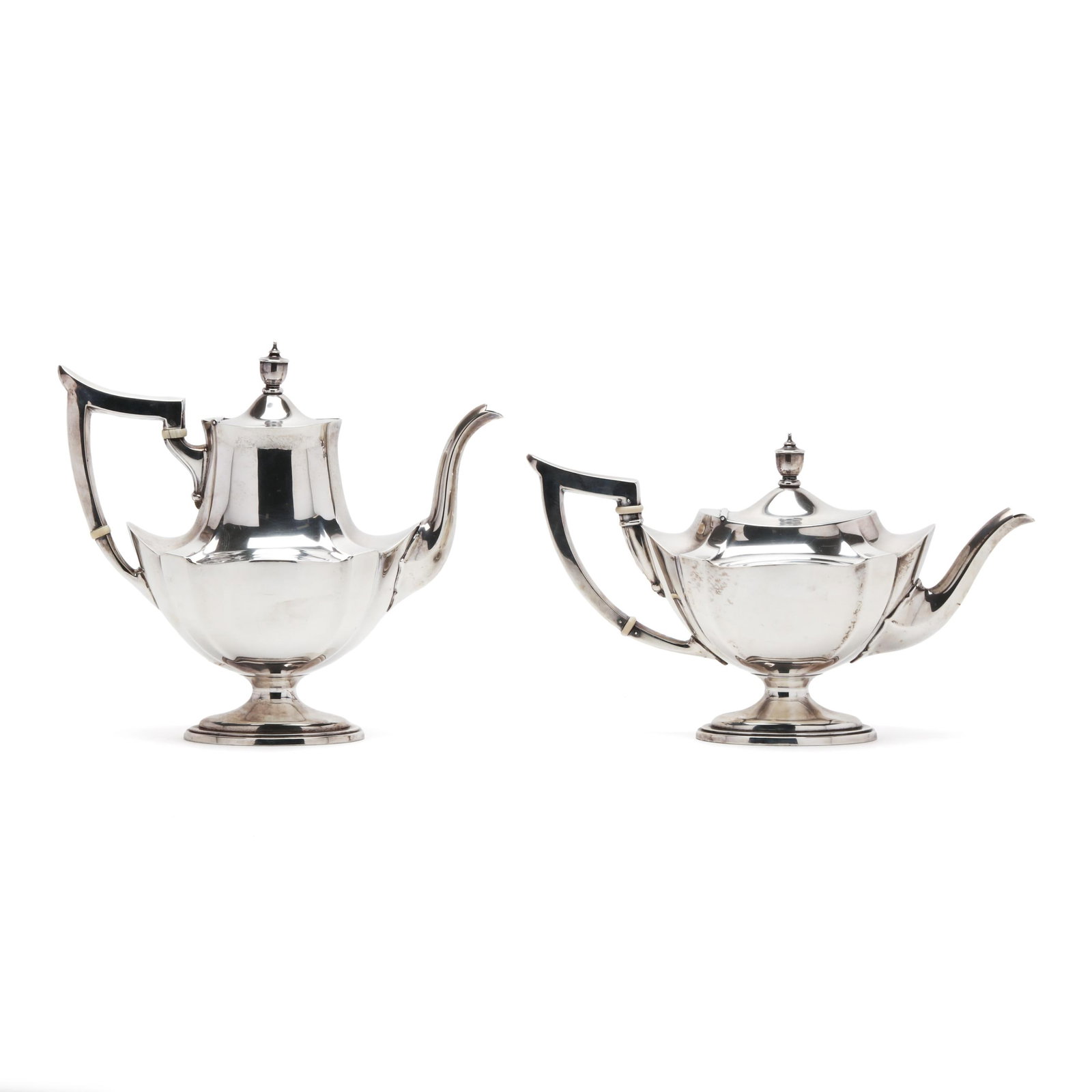 Gorham Plymouth Sterling Silver Tea and Coffee Pot: Gorham Plymouth Sterling Silver Tea and Coffee Pot the coffee pot, pattern number A2441 (10 x 10 1/2 x 6 in.); and the teapot, pattern number A2442 (6 3/4 x 12 x 5 1/2 in.); not monogrammed. 45 total