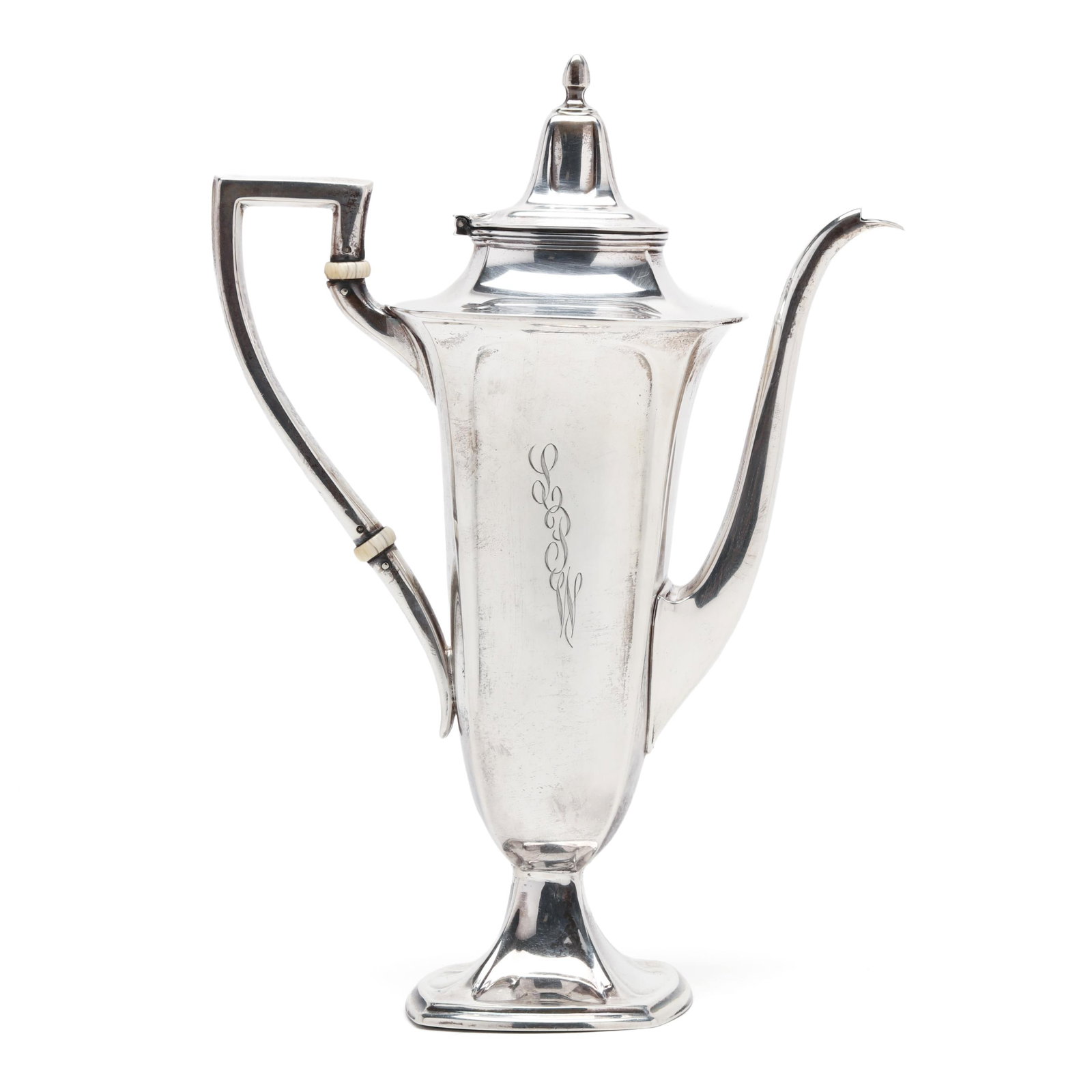 Wallace Sterling Silver Coffee Pot: Wallace Sterling Silver Coffee Pot pattern number 2793, monogrammed. 10 x 7 x 4 in. 10.65 troy oz. Additional high-resolution photos are available at www.lelandlittle.com