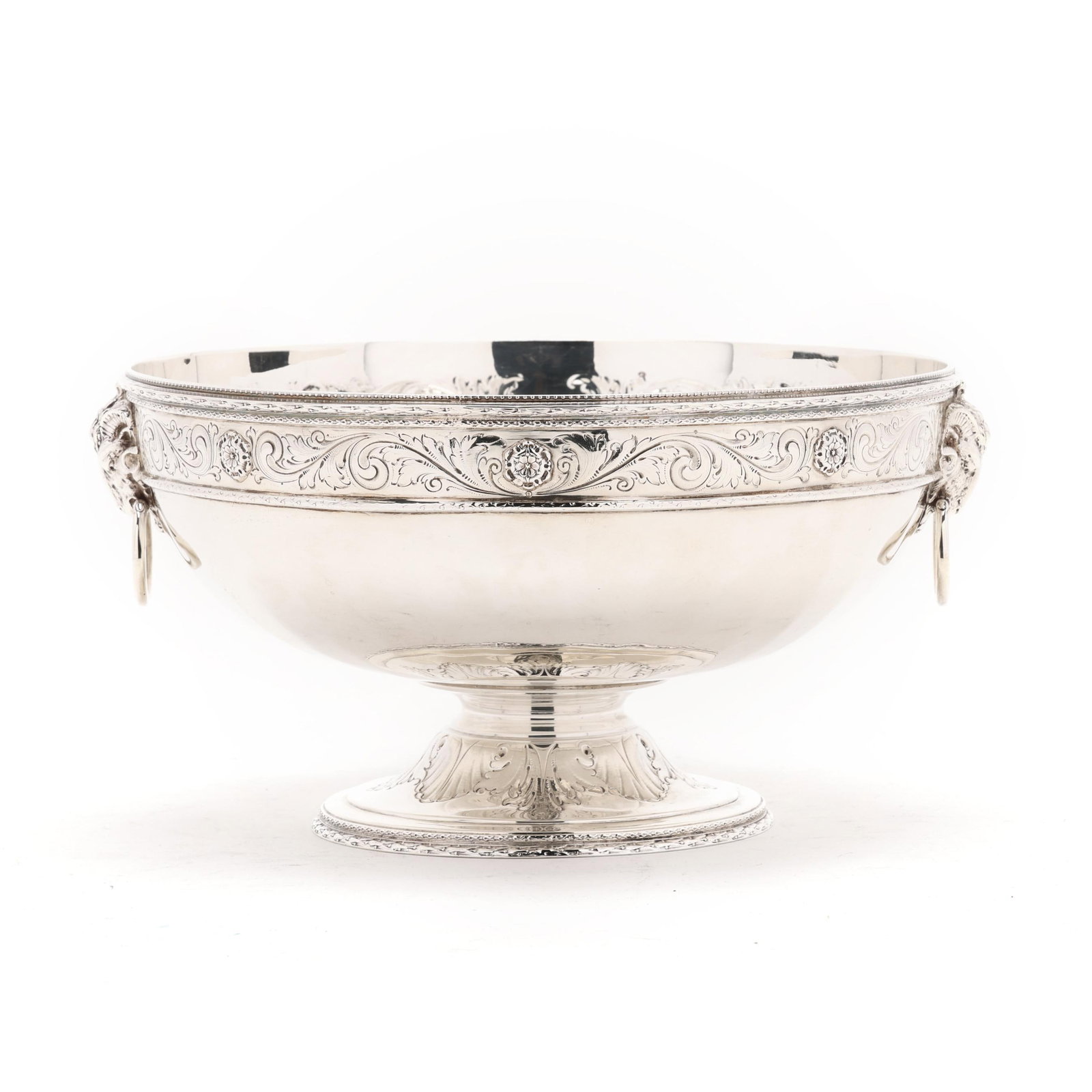 Bailey, Banks & Biddle Sterling Silver Centerpiece Bowl: Bailey, Banks & Biddle Sterling Silver Centerpiece Bowl Philadelphia, early 20th century, pattern number 8637, featuring double rams head ring handles, hand-chased scrolled and rosette frieze to the
