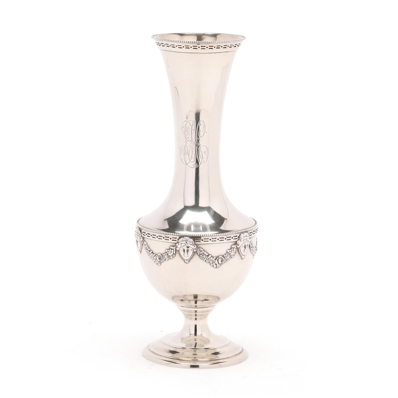 Theodore B. Starr Sterling Silver Vase: Theodore B. Starr Sterling Silver Vase New York, circa 1890-1924, pattern number 261, featuring a flared rim with bead course decoration to the rim and shoulder, with mask and draped floral garland, o