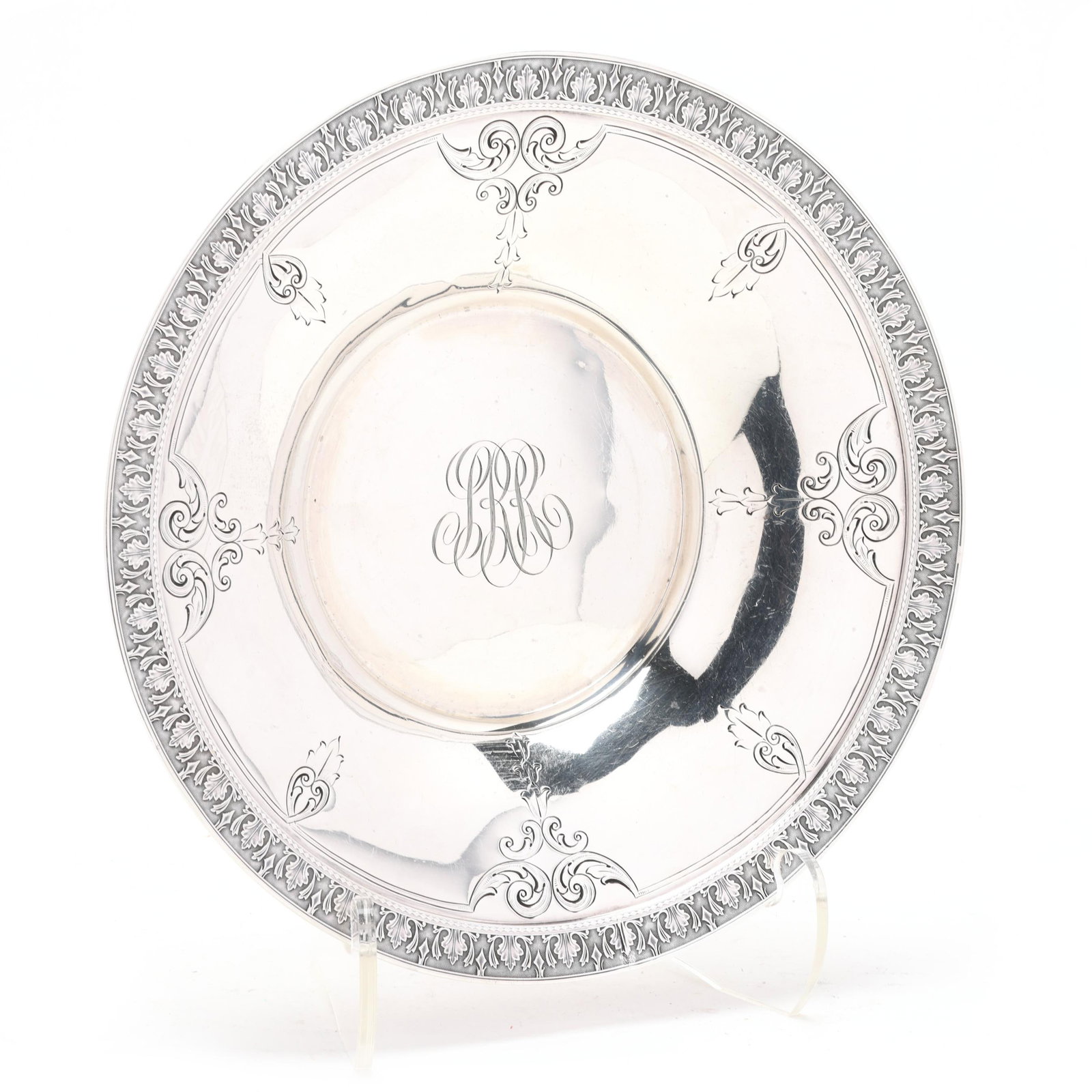 Sterling Silver Center Bowl by Bailey Banks & Biddle: Sterling Silver Center Bowl by Bailey Banks & Biddle early 20th century, pattern number 1358, with a neoclassical palmette frieze at the rim, hand-chased decoration to the flange, and script monogram