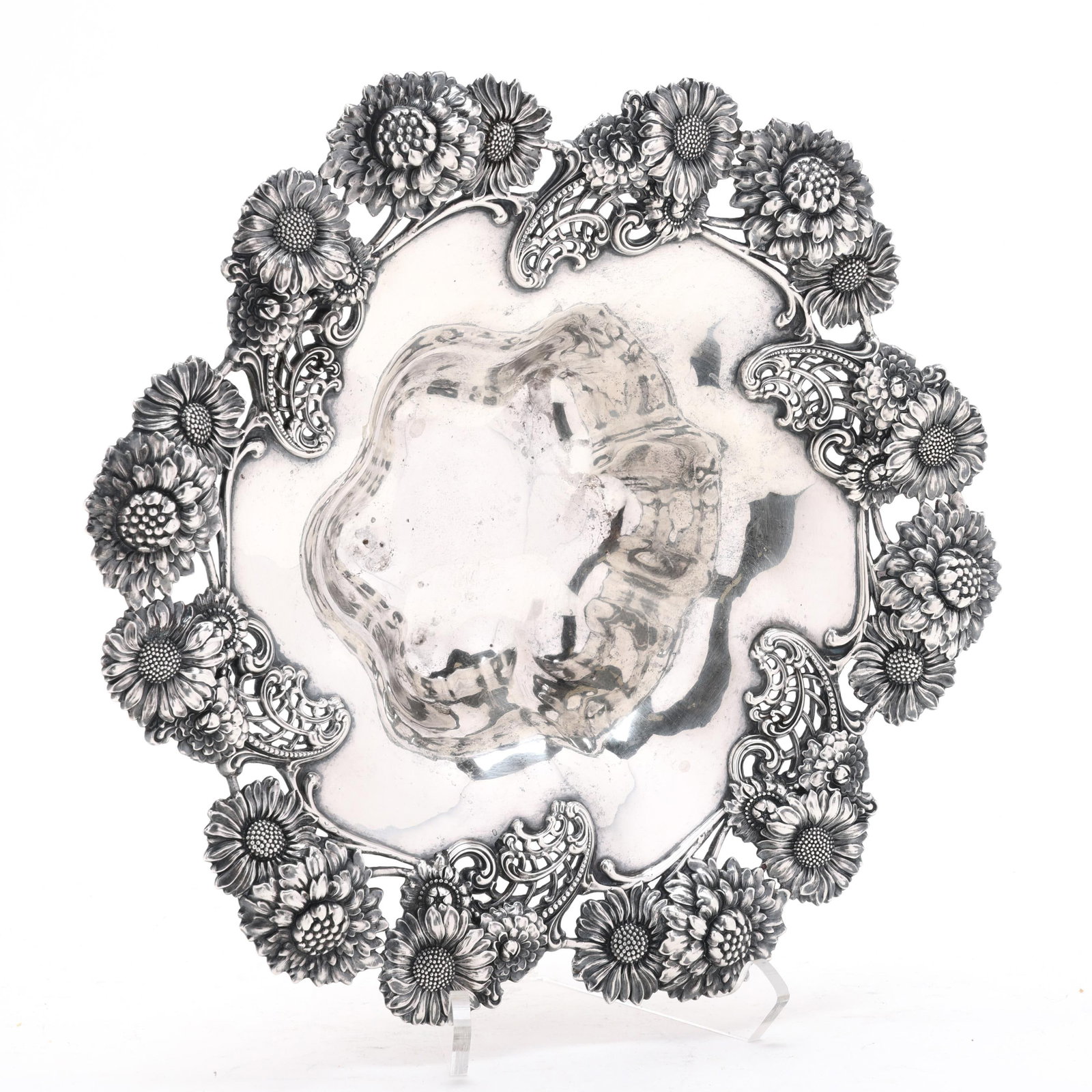 Dominick & Haff Sterling Silver Centerpiece Bowl with Daisy Motif: Dominick & Haff Sterling Silver Centerpiece Bowl with Daisy Motif date mark of 1890, pattern number 1060, retail mark of Nowlan & Co., Richmond, Virginia, featuring a daisy and Chrysanthemum motif to 