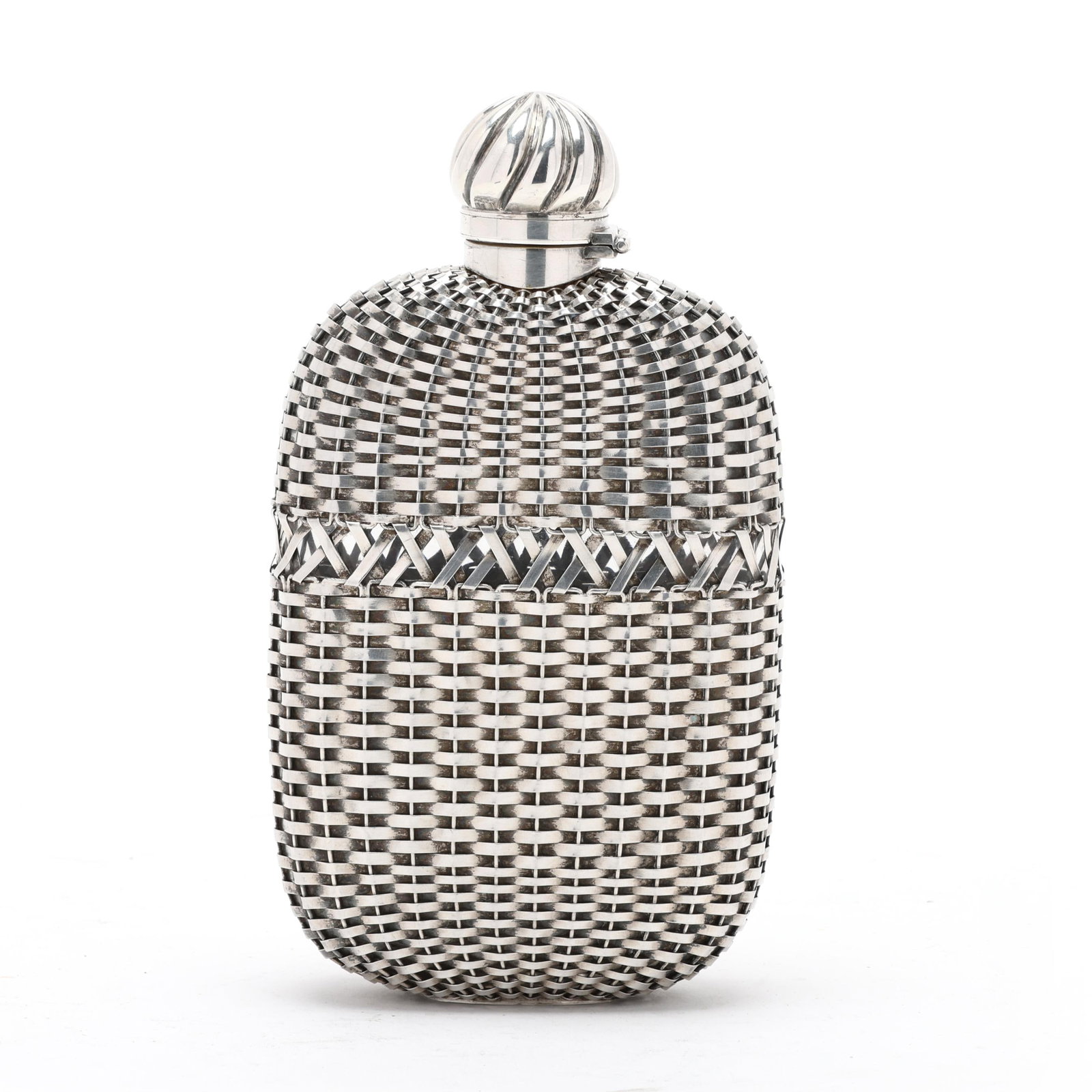 Gorham Sterling Silver Mounted Basketweave Flask Bottle: Gorham Sterling Silver Mounted Basketweave Flask Bottle circa 1900, mounted glass, pattern number 175, with dense weave to top and base and openwork shoulder, swirled ball stopper featuring a twist lo