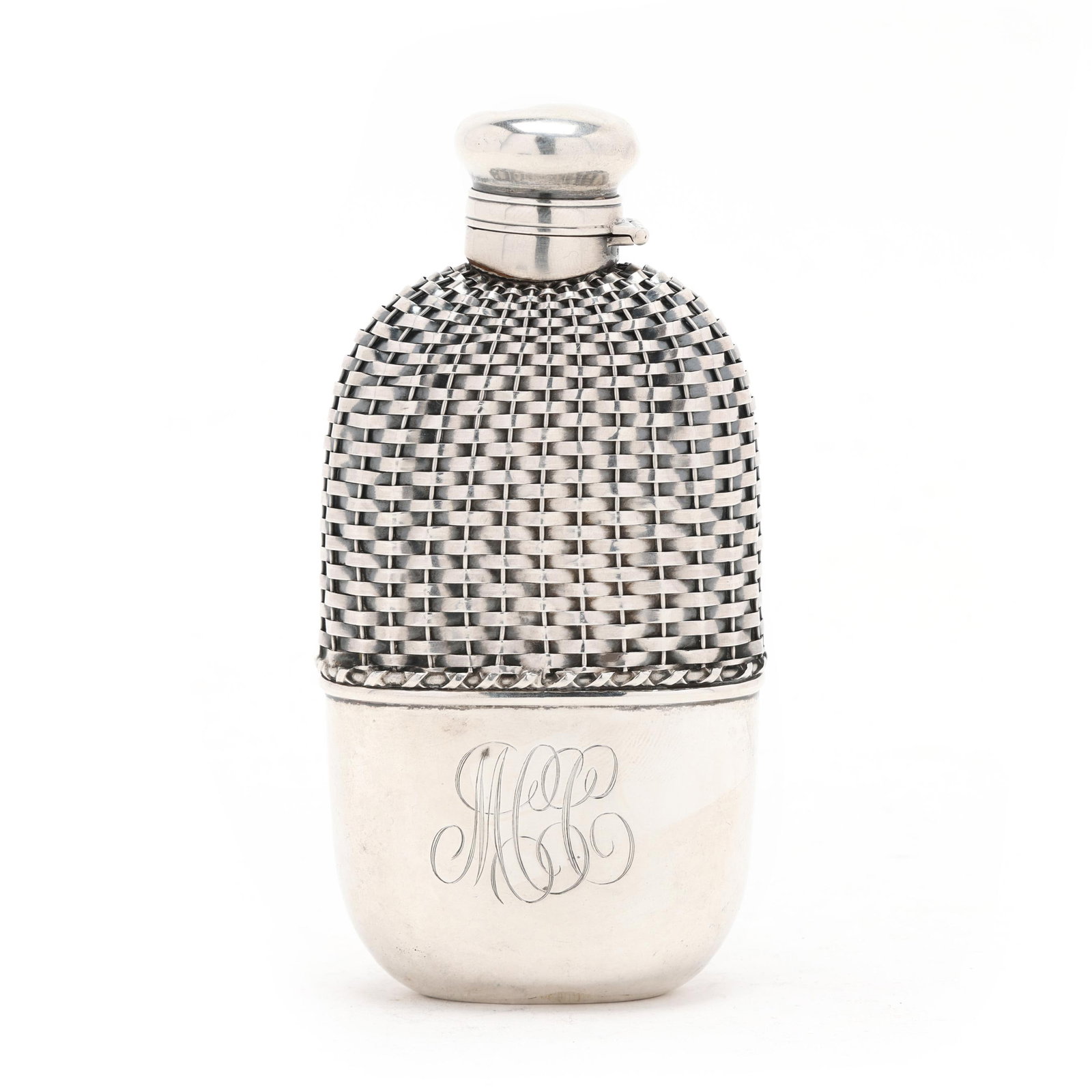 Gorham Sterling Silver Mounted Basketweave Flask Bottle: Gorham Sterling Silver Mounted Basketweave Flask Bottle circa 1900, pattern number D694, two-part form featuring a densely woven openwork top and separate monogrammed base, topped with a twist locking
