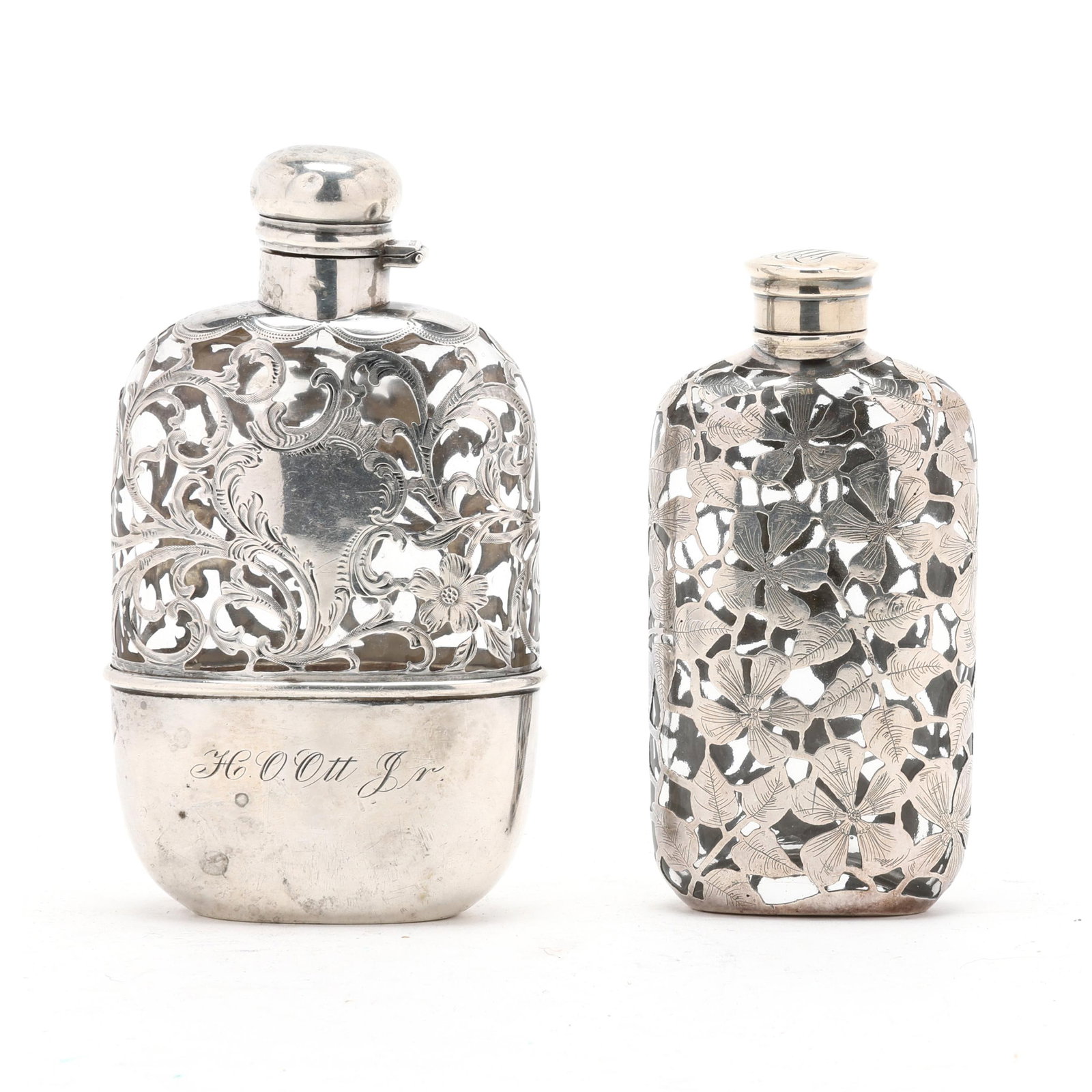 Two Alvin Sterling Silver Overlaid Glass Flask Bottles (1 of 9)