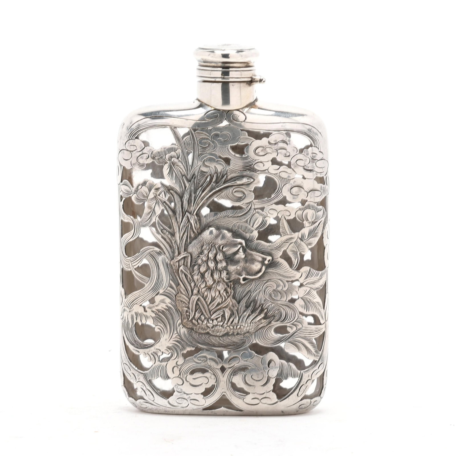 Gorham Sterling Silver Overlaid Glass Flask with Spaniel and Duck Motifs (1 of 9)