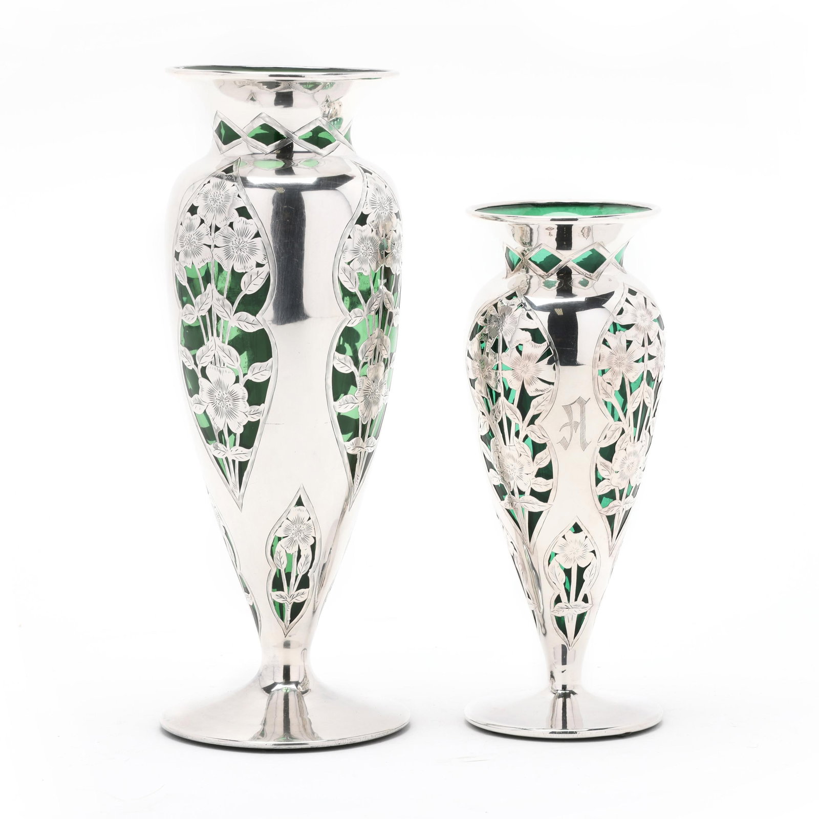 Two Silver Deposit and Green Glass Vases (1 of 7)