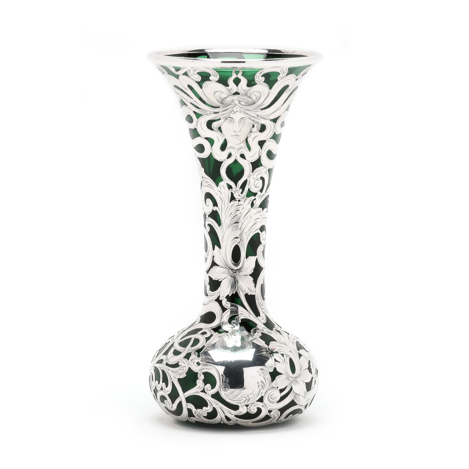 Silver Deposit and Steuben Green Glass Figural Art Nouveau Vase (1 of 7)
