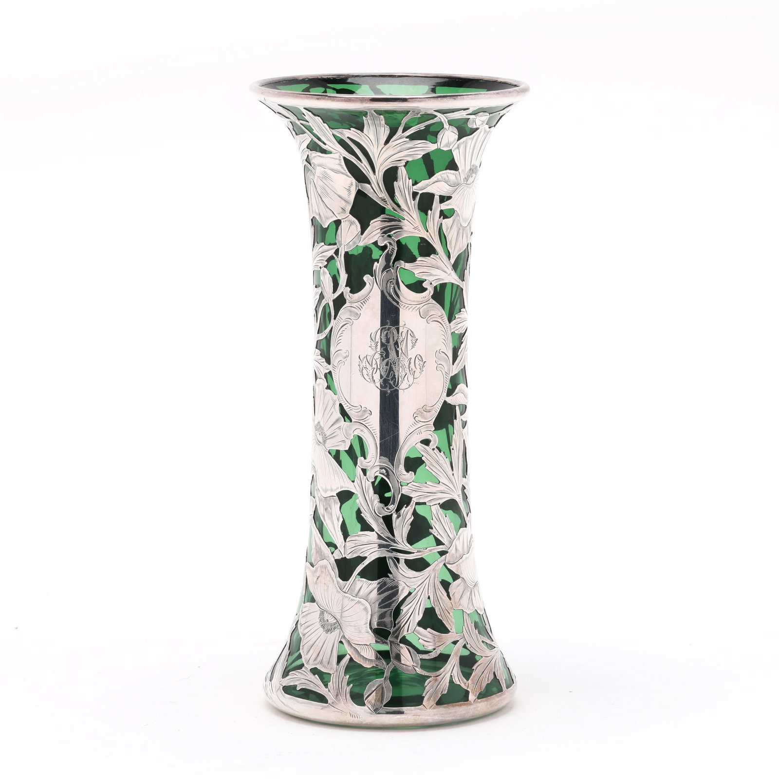 Silver Deposit and Green Glass Vase with Daffodil Motif: Silver Deposit and Green Glass Vase with Daffodil Motif early 20th century, attributed Steuben green glass deposited with Fine silver by Alvin, pattern number G3439, marked "950/1000" featuring allove
