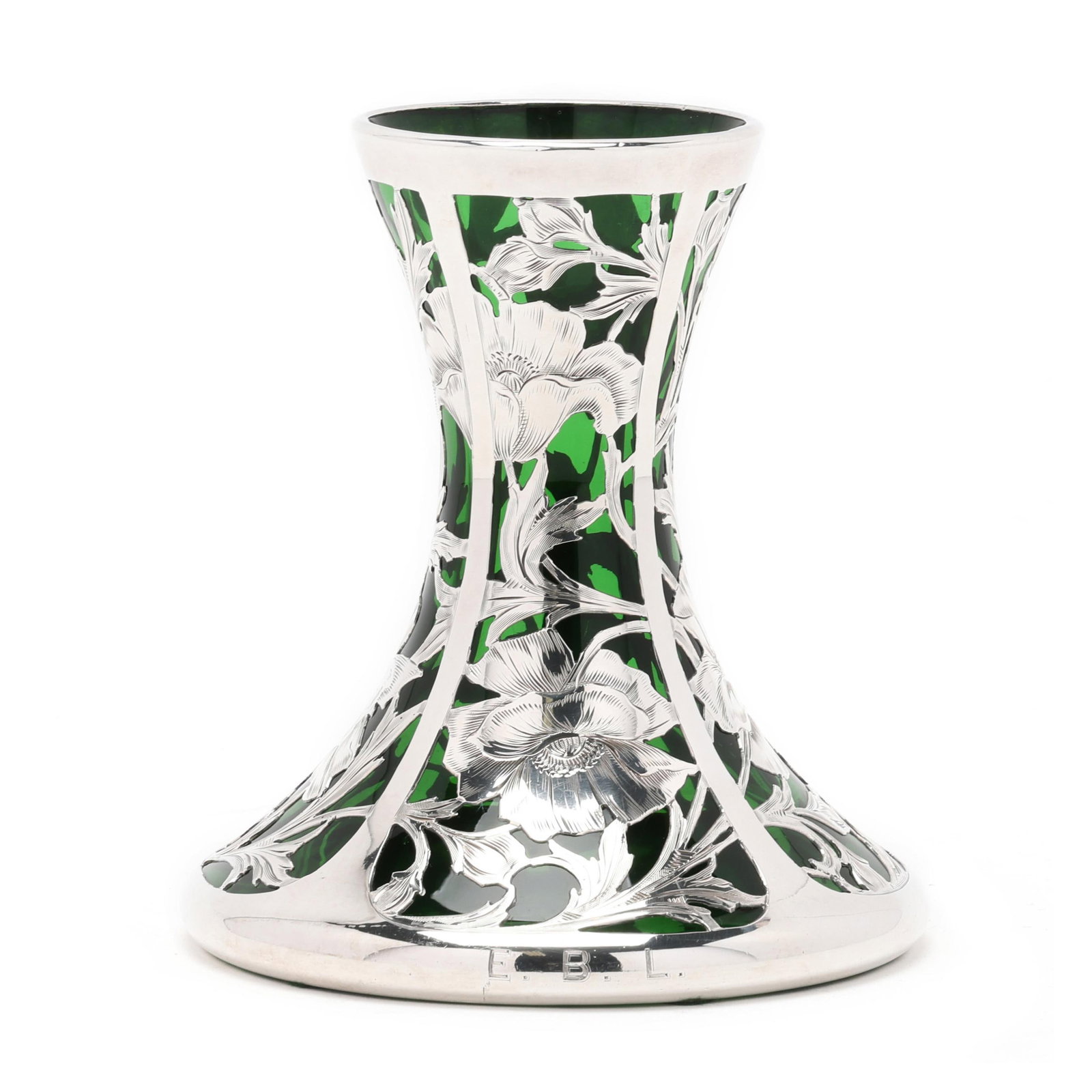 Silver Deposit and Green Glass Vase: Silver Deposit and Green Glass Vase early 20th century, green Steuben blown glass deposited with fine silver by Alvin, pattern number 3457G, marked "950/1000" with openwork registers featuring engrave