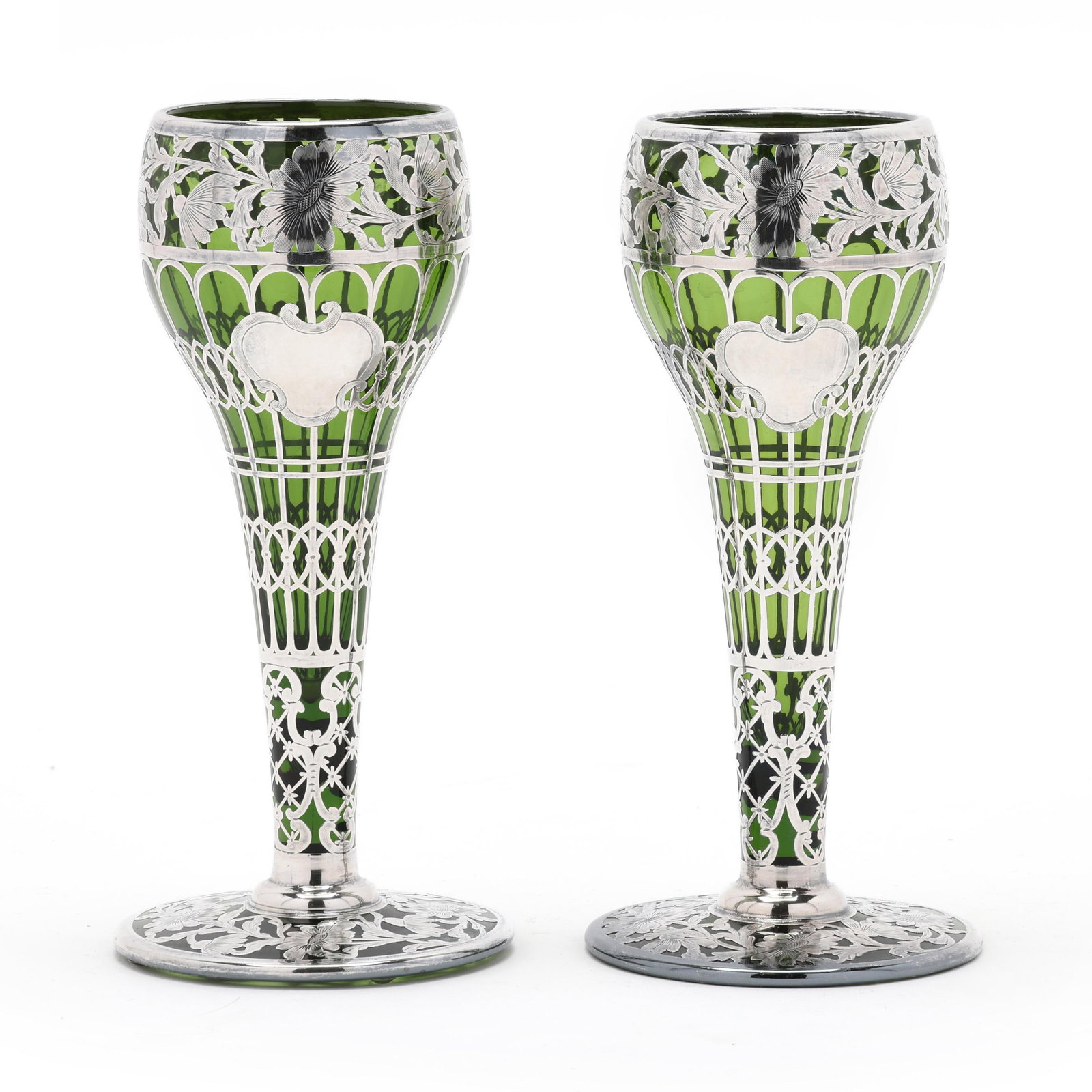 Pair of Silver Deposit and Green Glass Vases (1 of 6)