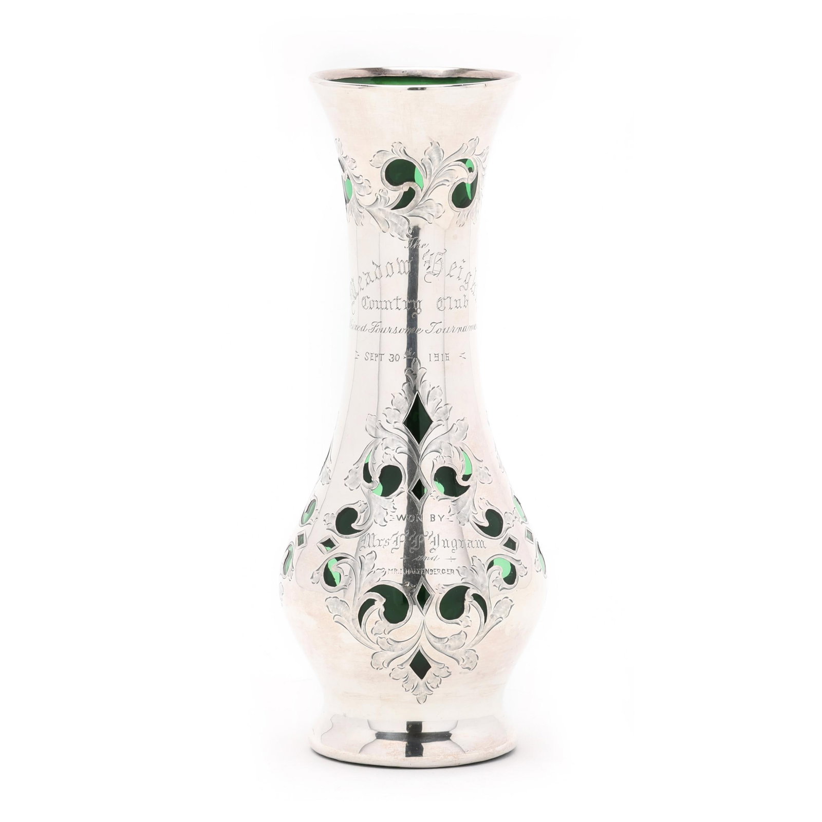Silver Deposit and Green Glass Presentation Vase: Silver Deposit and Green Glass Presentation Vase early 20th century, attributed Steuben green blown glass with fine silver deposit by Alvin, pattern number 321768G, marked "950/1000", with engraved an