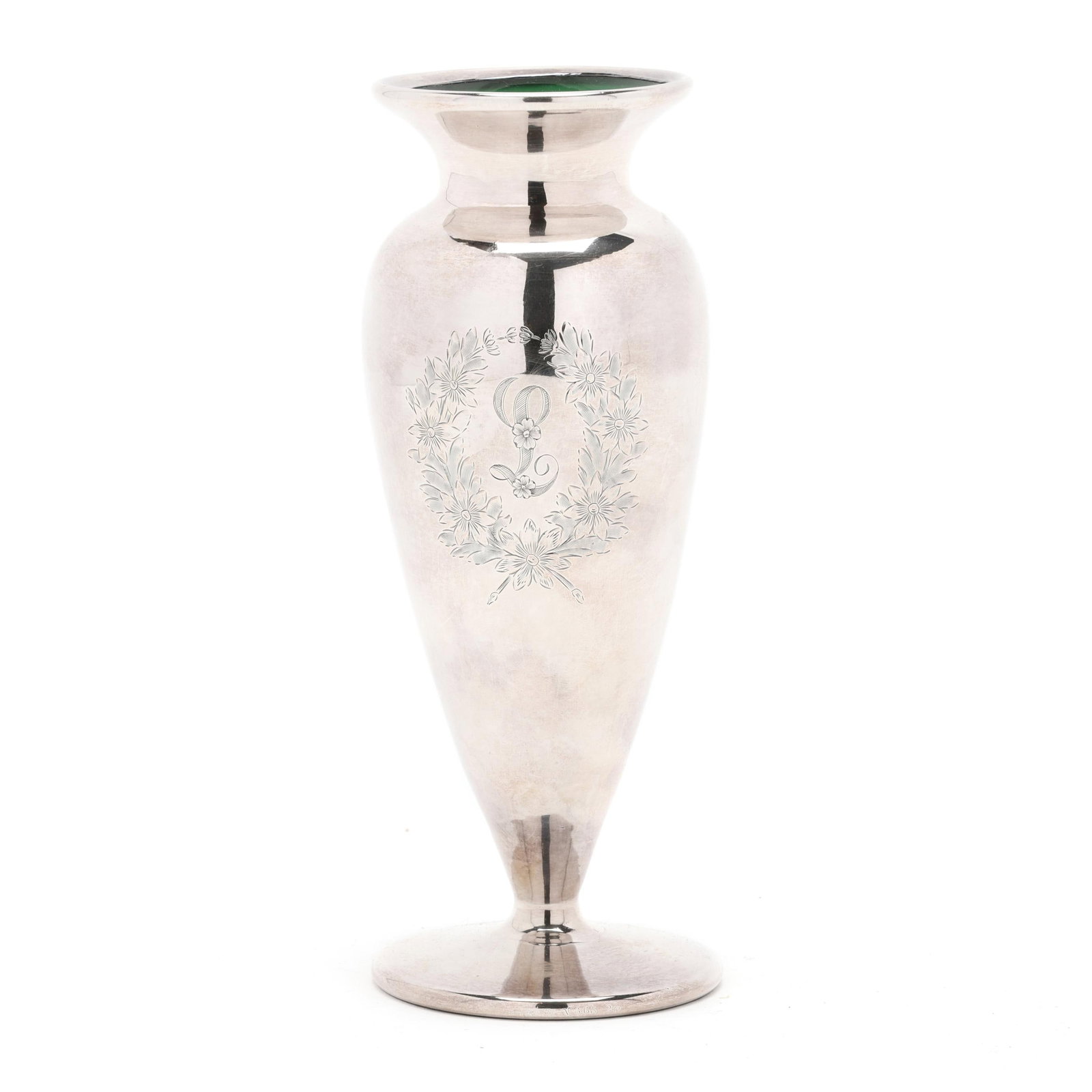 Alvin Fine Silver Overlaid Green Glass Vase: Alvin Fine Silver Overlaid Green Glass Vase early 20th century, attributed Steuben green blown glass vase overlaid with fine silver by Alvin, pattern number V665-20, marked "999/1000 FINE"; featuring 