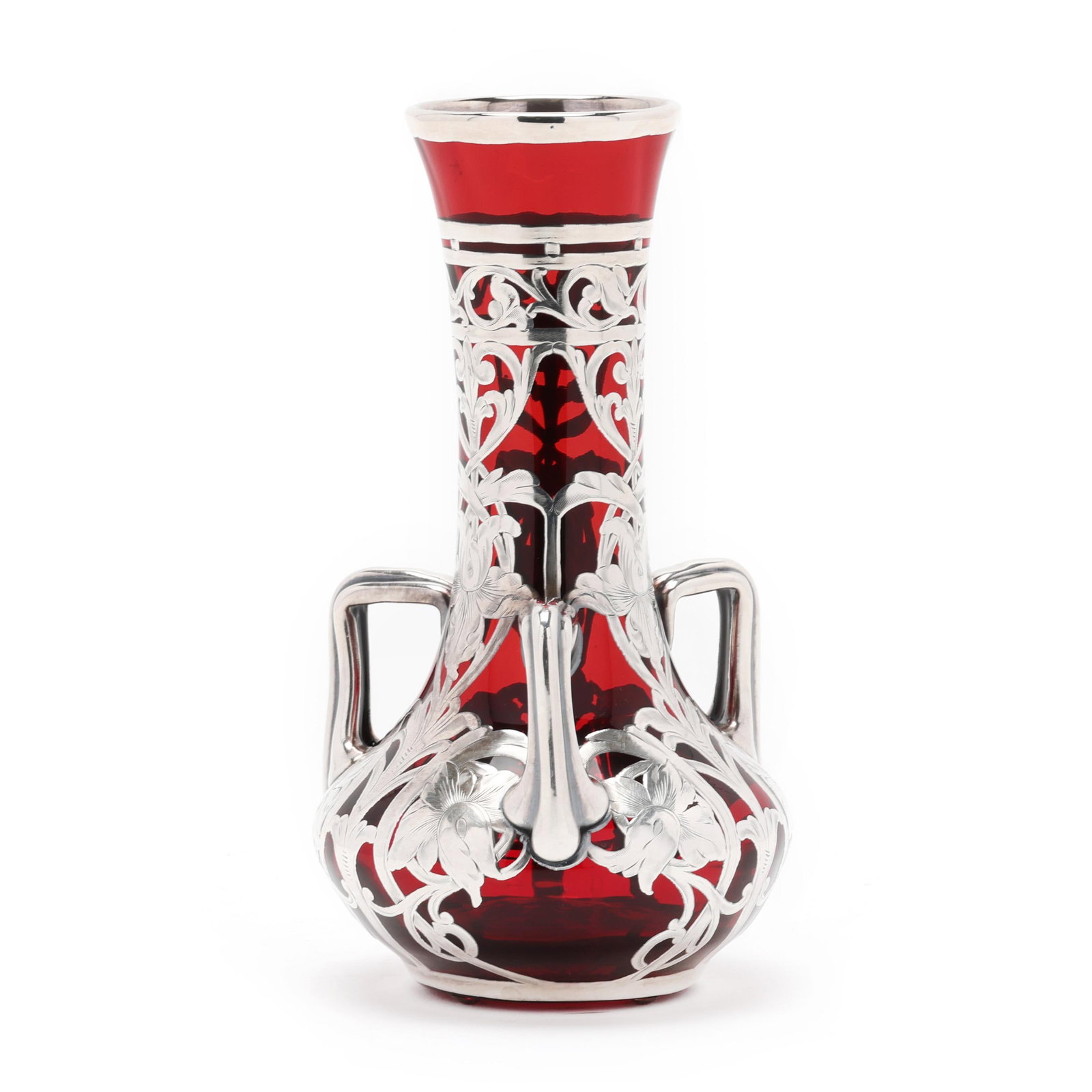 Stueben, Silver Deposit and Red Glass Loving Vase: Stueben, Silver Deposit and Red Glass Loving Vase early 20th century, attributed Steuben red blown glass deposited with silver, attributed to Alvin, likely .950 content; featuring openwork stylized fo