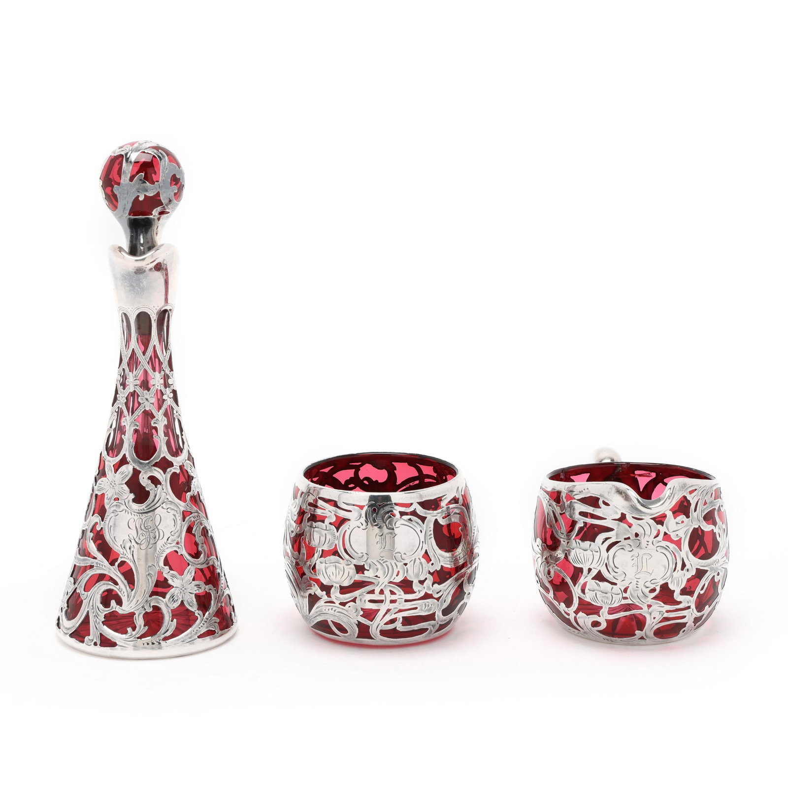 Silver Deposit and Ruby Glass Cruet, Creamer, and Sugar (1 of 10)