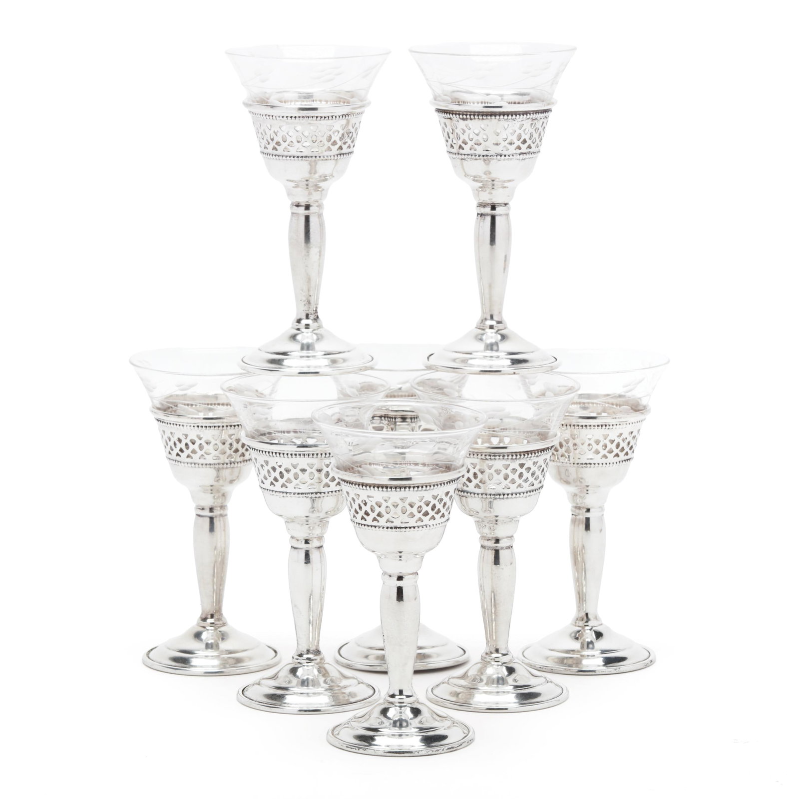 Set of Eight Sterling Silver and Cut Glass Cordials (1 of 5)