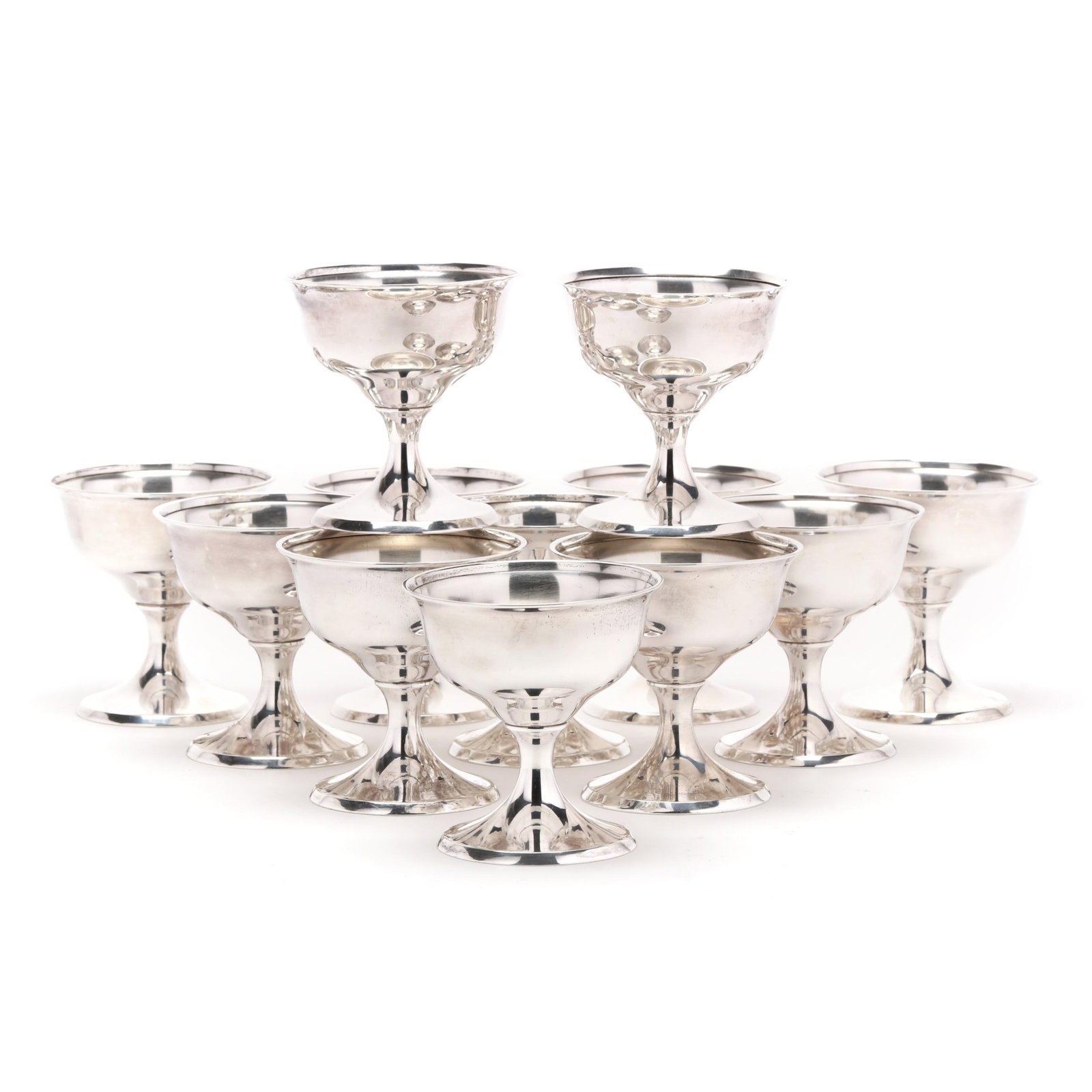 Set of Twelve Stieff Sterling Silver Sherbet Cups: Set of Twelve Stieff Sterling Silver Sherbet Cups pattern number 0650, not monogrammed. Each 3 3/4 x 3 3/4 in. dia. 42.25 total troy oz. Additional high-resolution photos are available at www.lelandli