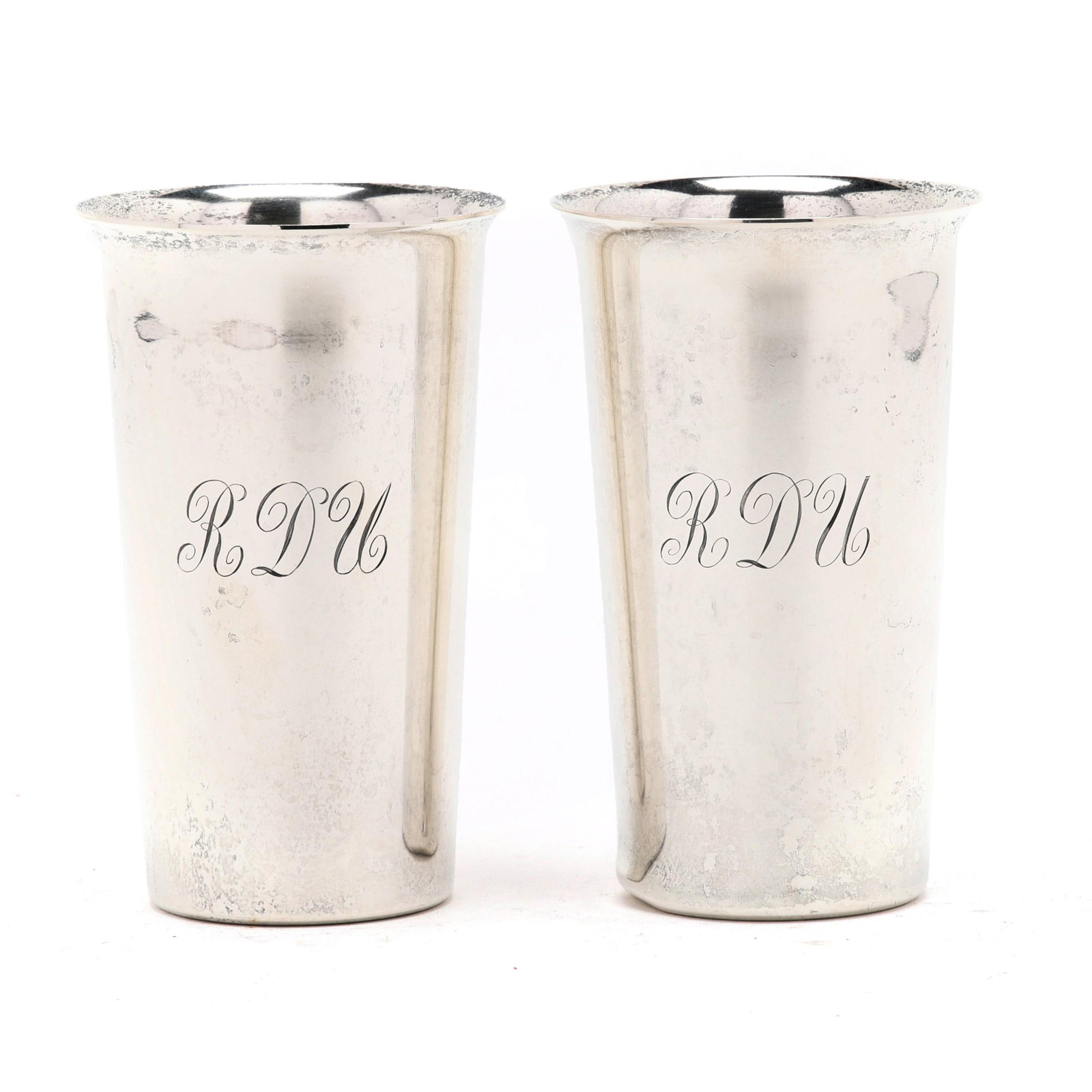 Pair of S. Kirk & Son Cocktail Tumblers: Pair of S. Kirk & Son Cocktail Tumblers pattern number 284A, with "RDU" monograms. Each 5 1/4 x 3 1/4 in. dia. 11.35 troy oz. Additional high-resolution photos are available at www.lelandlittle.com