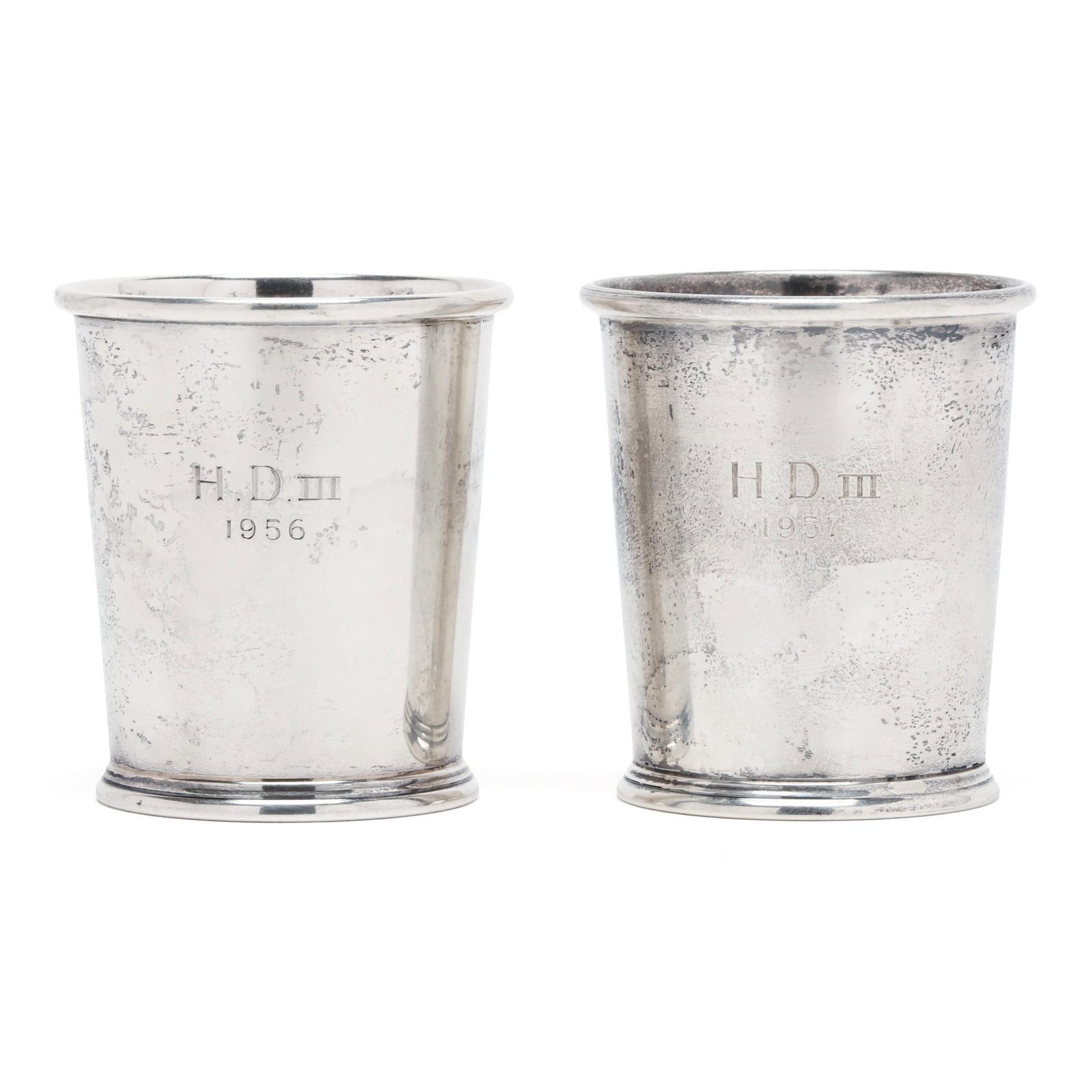 Pair of Preisner Sterling Silver Julep Cups: Pair of Preisner Sterling Silver Julep Cups pattern number 140, monogrammed. Each 3 1/4 x 3 1/4 in. 8.85 total troy oz. Additional high-resolution photos are available at www.lelandlittle.com