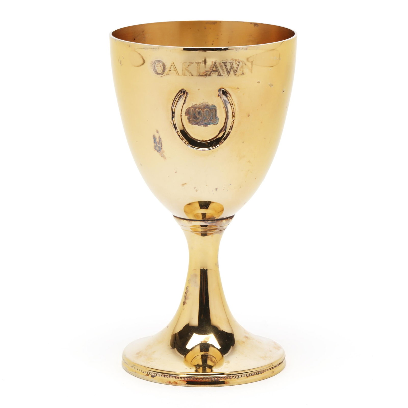 Mark Scearce Gilt Sterling Silver Richard Nixon Trophy Goblet: Mark Scearce Gilt Sterling Silver Richard Nixon Trophy Goblet circa 1969-1974, featuring a gold wash and horseshoe decoration to the bowl, engraved "Oaklawn / 1991 / King Cotton", stamped to the under