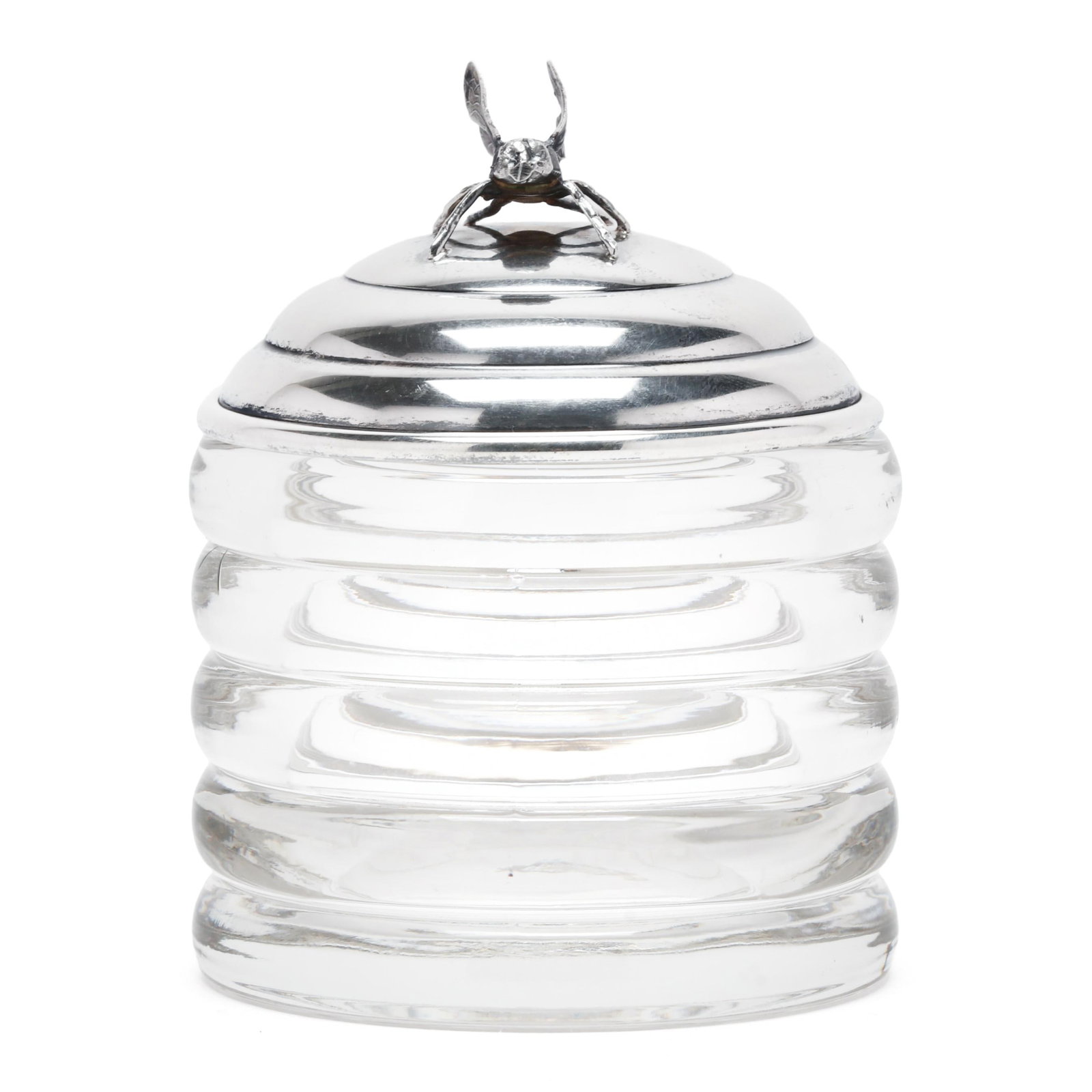 Sterling Silver and Glass Honey Jar with Bee Motif: Sterling Silver and Glass Honey Jar with Bee Motif mark of R. Blackington & Co., pattern number X856, not monogrammed. 4 1/2 x 3 1/2 in. dia. 1.55 weighable troy oz. Additional high-resolution photos 