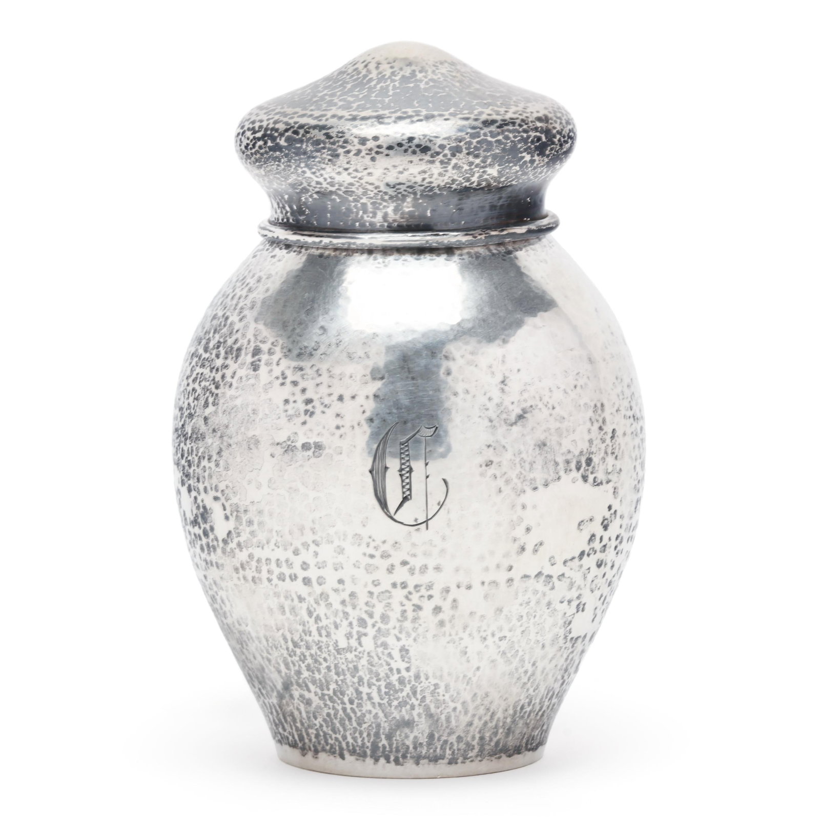 Towle Hammered Sterling Silver Tea Caddy: Towle Hammered Sterling Silver Tea Caddy pattern number 7458H, hammered exterior to the body and lid, with a "C" monogram. 5 x 3 in. dia. 4.75 troy oz. Additional high-resolution photos are available 