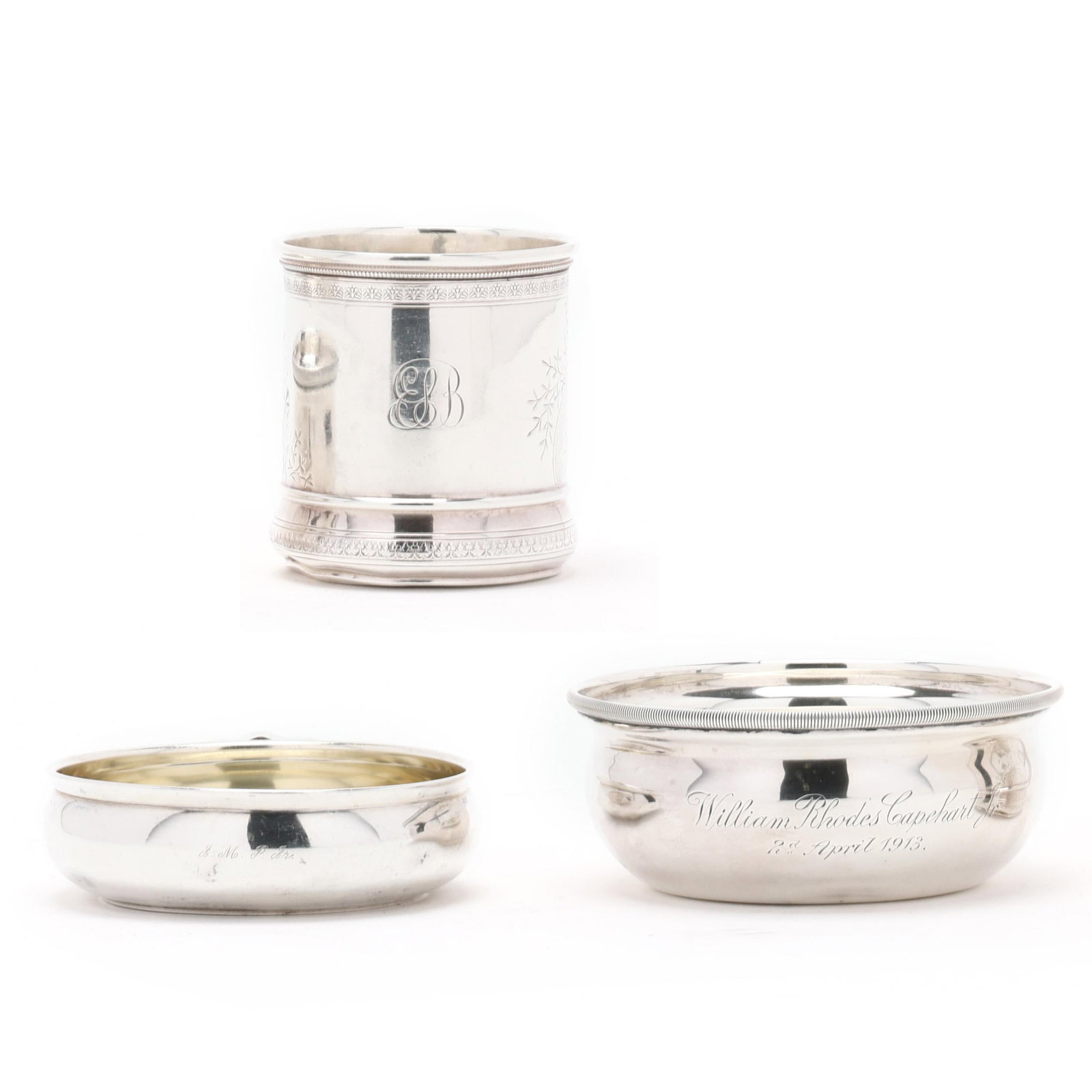 Three Sterling Silver Child's Accessories: Three Sterling Silver Child's Accessories includes a porringer with mark of Frank Smith, retail mark of J. E. Caldwell & Co., pattern number 1144, engraved "William Rhodes Capehart Jr."; (2 x 6 1/2 x 
