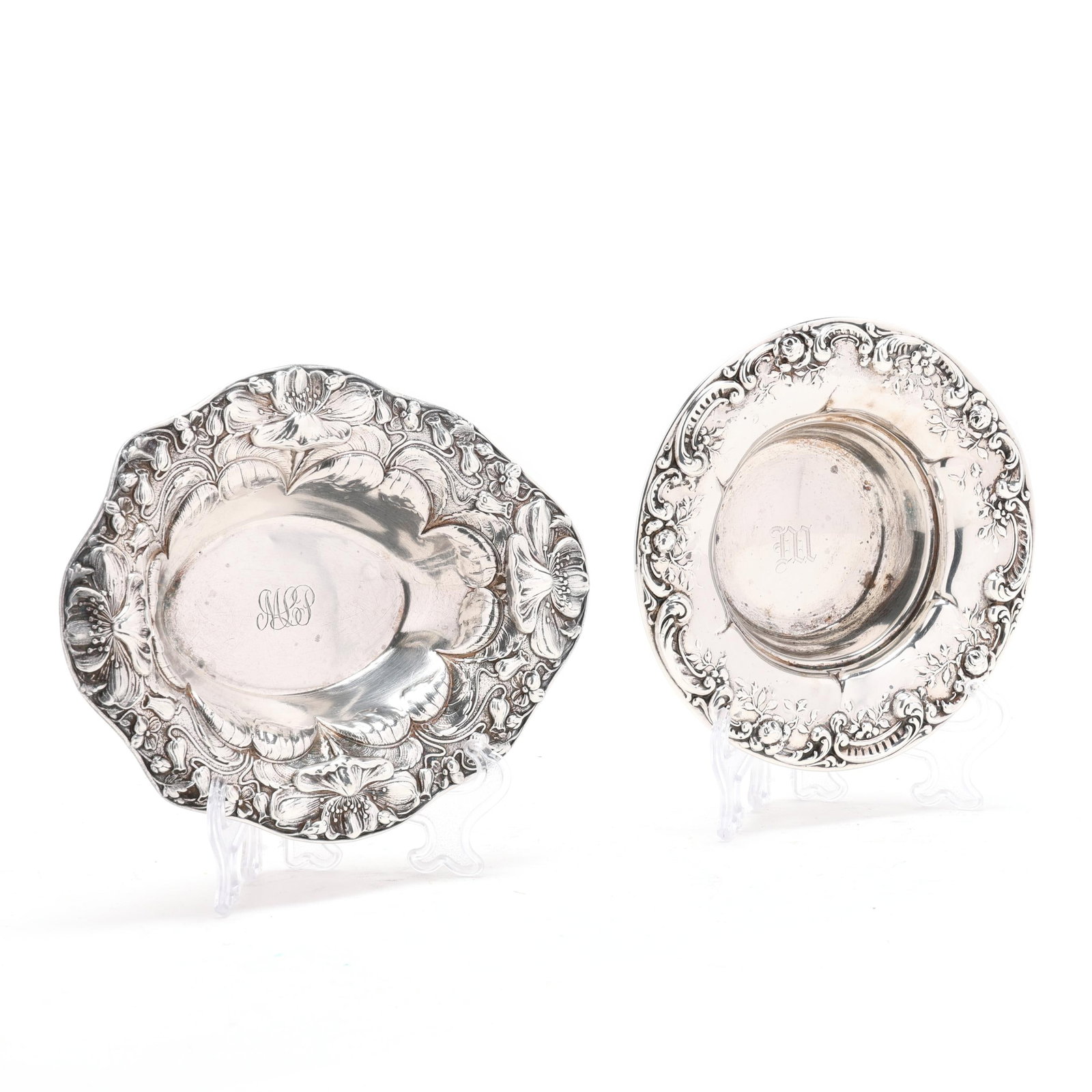 Two American Sterling Silver Bon Bon Bowls: Two American Sterling Silver Bon Bon Bowls the first, mark of Gorham, pattern number A2737, in the Art Nouveau style featuring stylized florals to the rim, monogrammed (5 3/4 x 7 1/2 in.); the second,