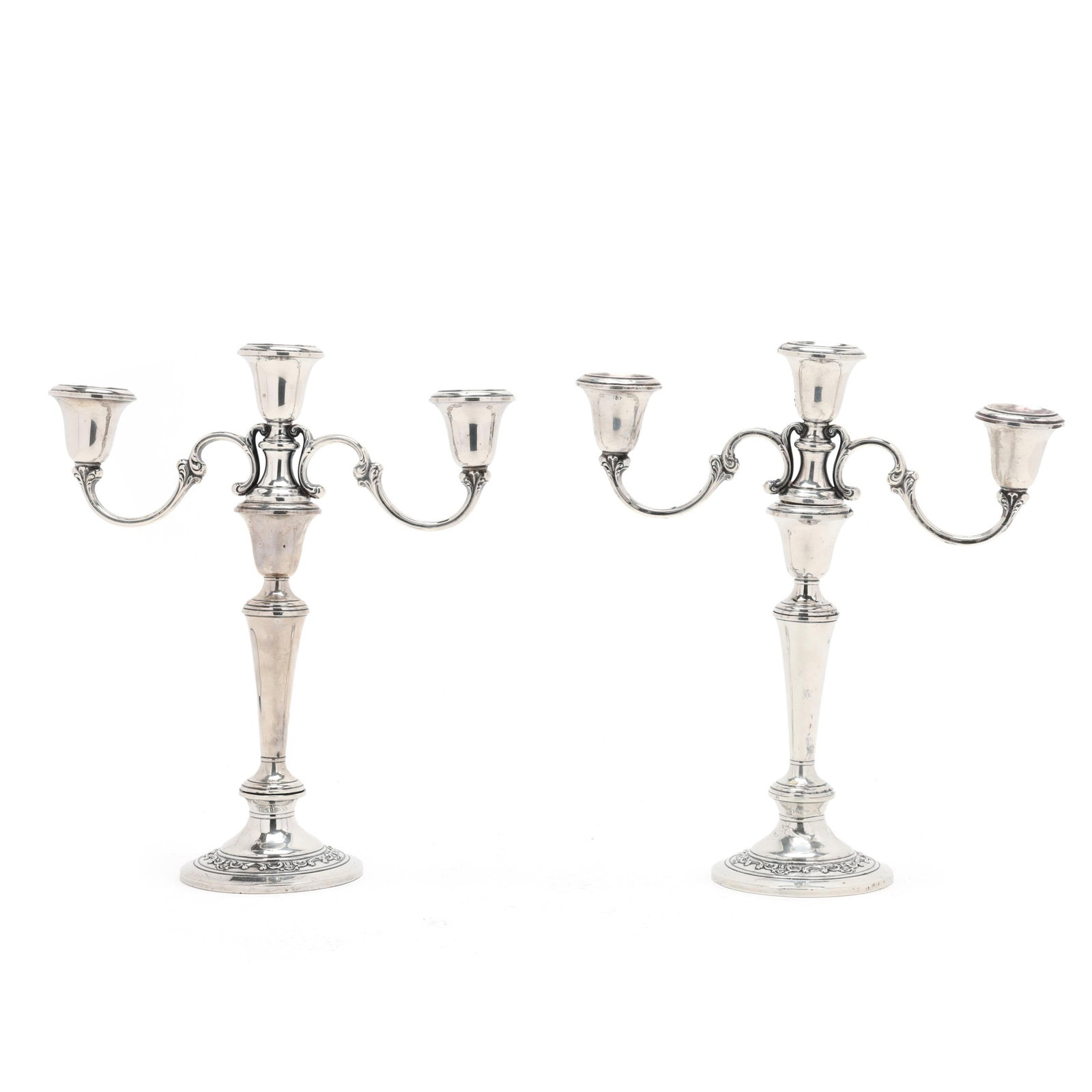 Pair of Gorham Strasbourg Sterling Silver Candelabra: Pair of Gorham Strasbourg Sterling Silver Candelabra pattern number 1130, four-part convertible three-light forms, weighted, not monogrammed. Each 13 x 11 1/2 x 4 1/2 in. Additional high-resolution ph