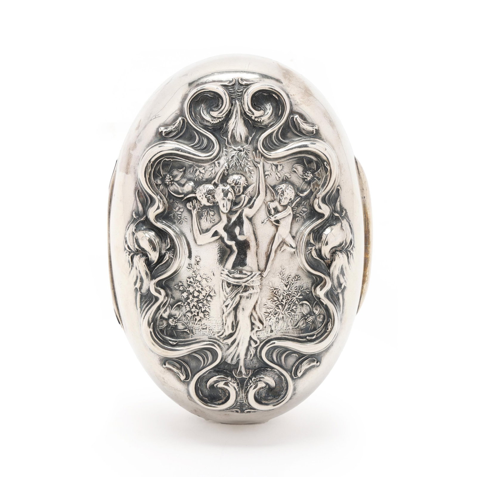Wallace Irian Sterling Silver Dresser Box: Wallace Irian Sterling Silver Dresser Box 1902, designed by Henrik Hillbom, pattern number 3001, featuring a figure and cupids in a wooded landscape with an undulating foliate surround, not monogramme