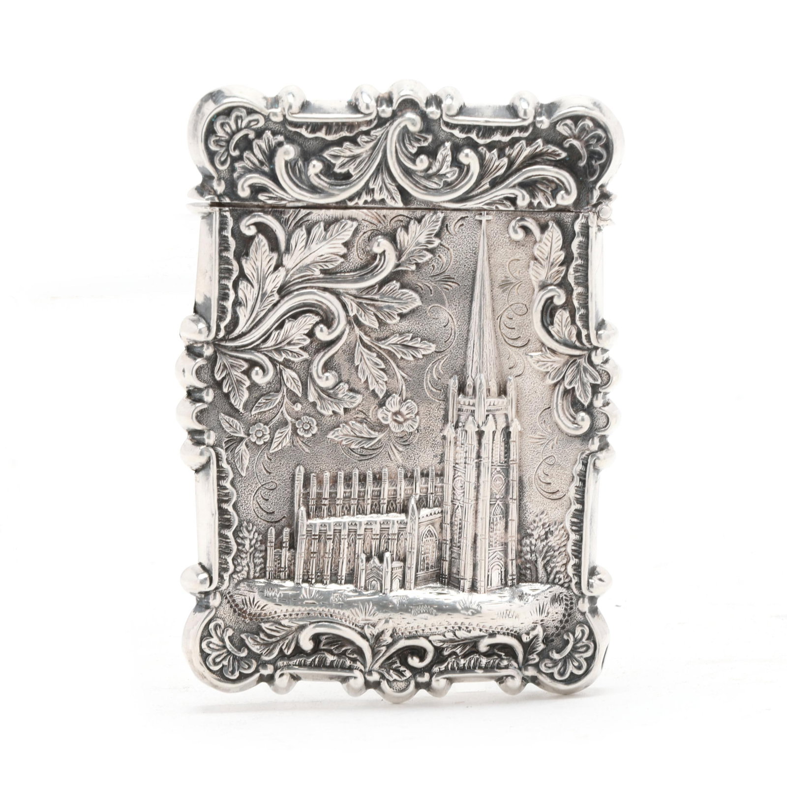 Antique Sterling Silver "Castle Top" Card Case, Trinity Church Wall St. (1 of 4)