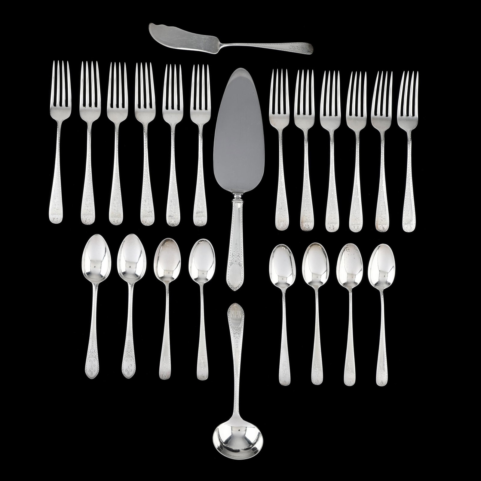 Collection of American Sterling Silver Engraved Flatware: Collection of American Sterling Silver Engraved Flatware (23) pieces to include: (12) luncheon forks (7 in.); (6) teaspoons (6 in.); and a master butter knife in the Dolly Madison pattern by Durgin,